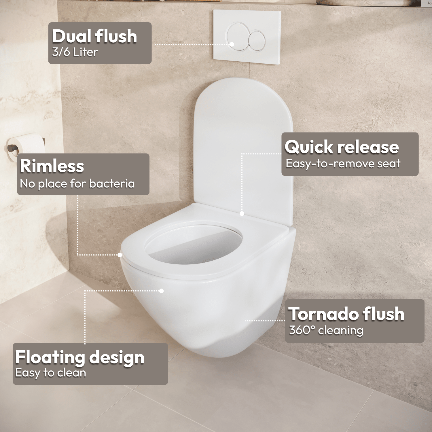 Hangtoilet met Inbouwreservoir - Rond Wit - Drukplaat Vierkant Chroom - Linea - lomazoo.com