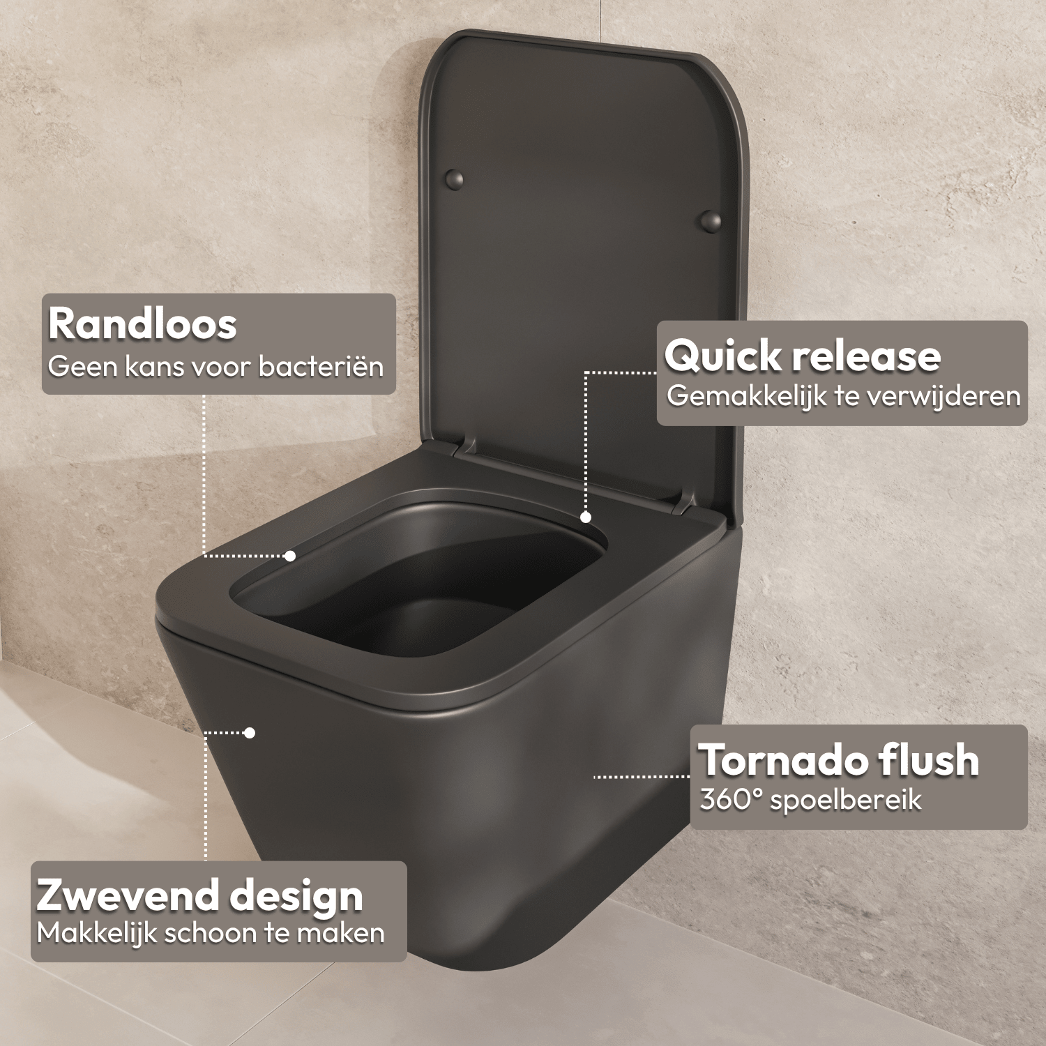 LINEA Hangend Toilet - Zwart - Vierkant - lomazoo.com