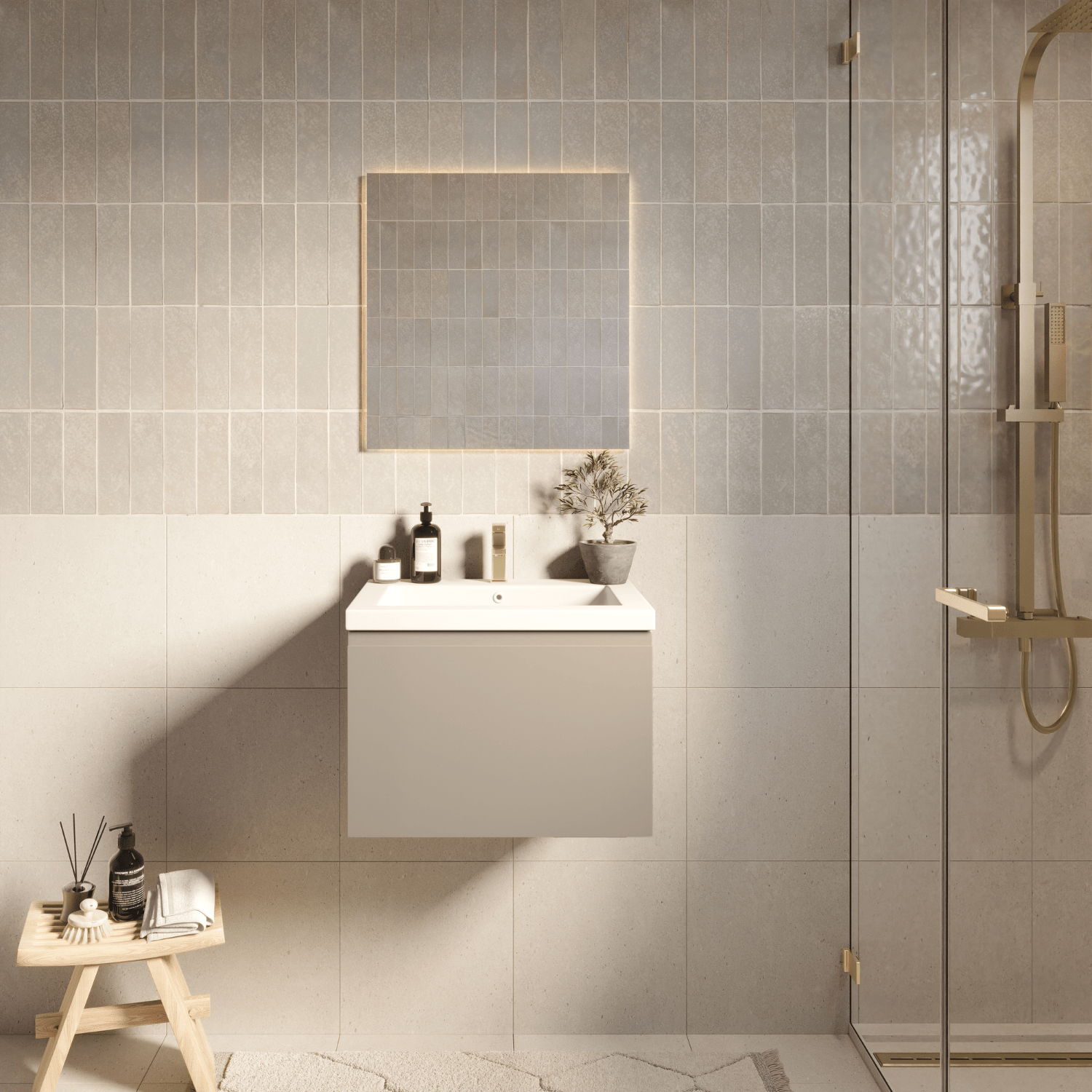 Badmeubelset SORRENTO 60cm - Met Kolomkast - Greige - Wastafel Wit - lomazoo.com