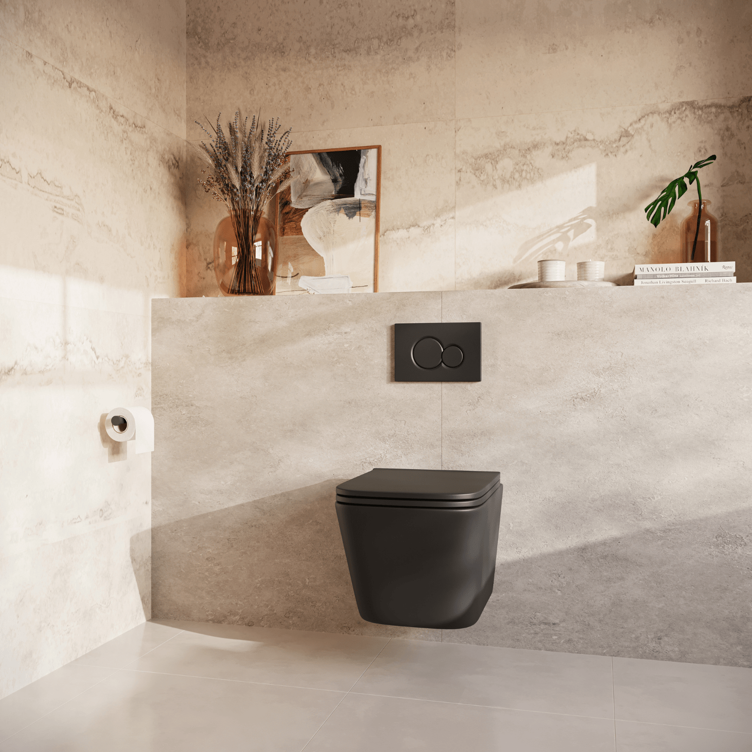 Hangtoilet met Inbouwreservoir - Vierkant Zwart - Drukplaat Rond Zwart - Linea - lomazoo.com