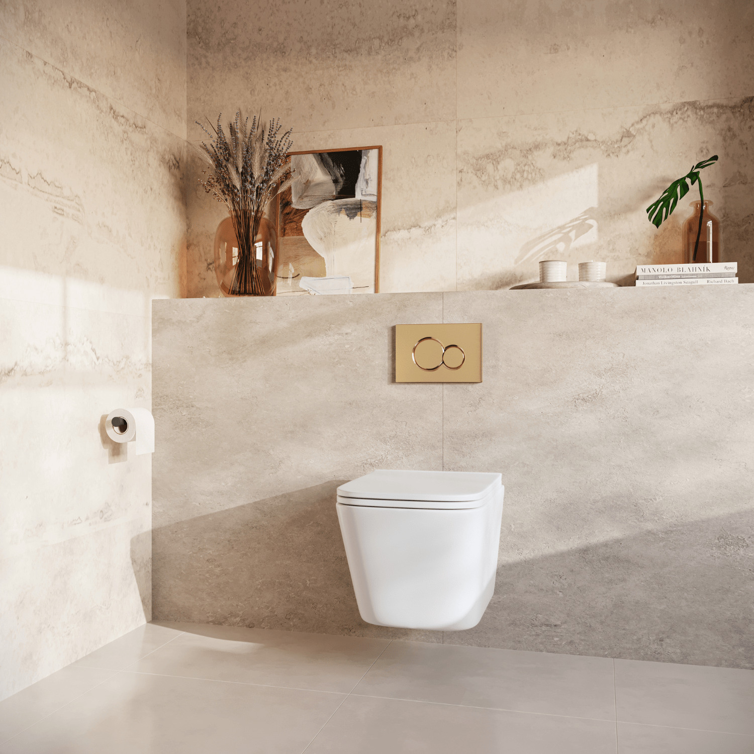 Hangtoilet met Inbouwreservoir - Vierkant Wit - Drukplaat Rond Goud - Linea - lomazoo.com