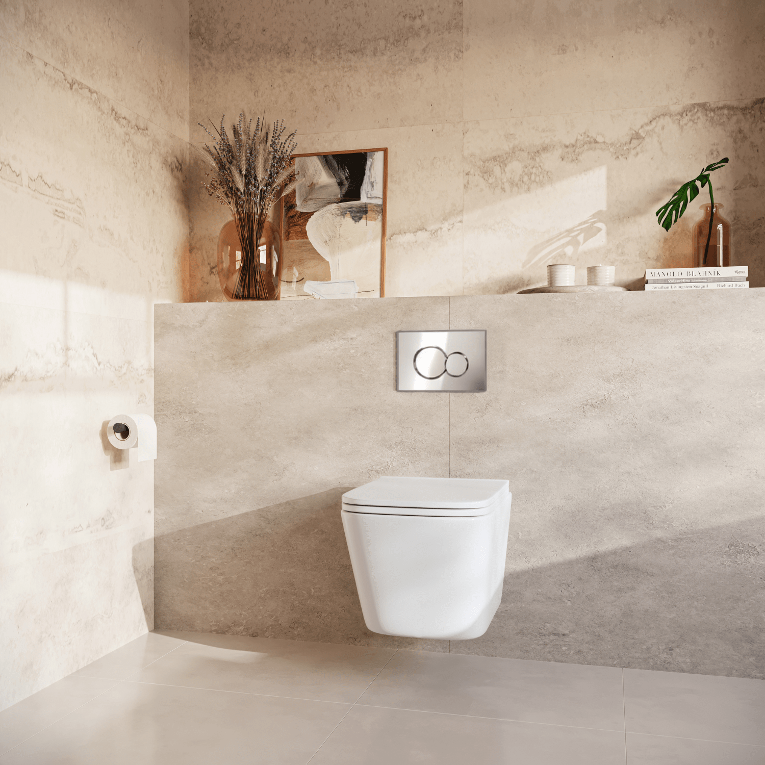 Hangtoilet met Inbouwreservoir - Vierkant Wit - Drukplaat Rond Chroom - Linea - lomazoo.com