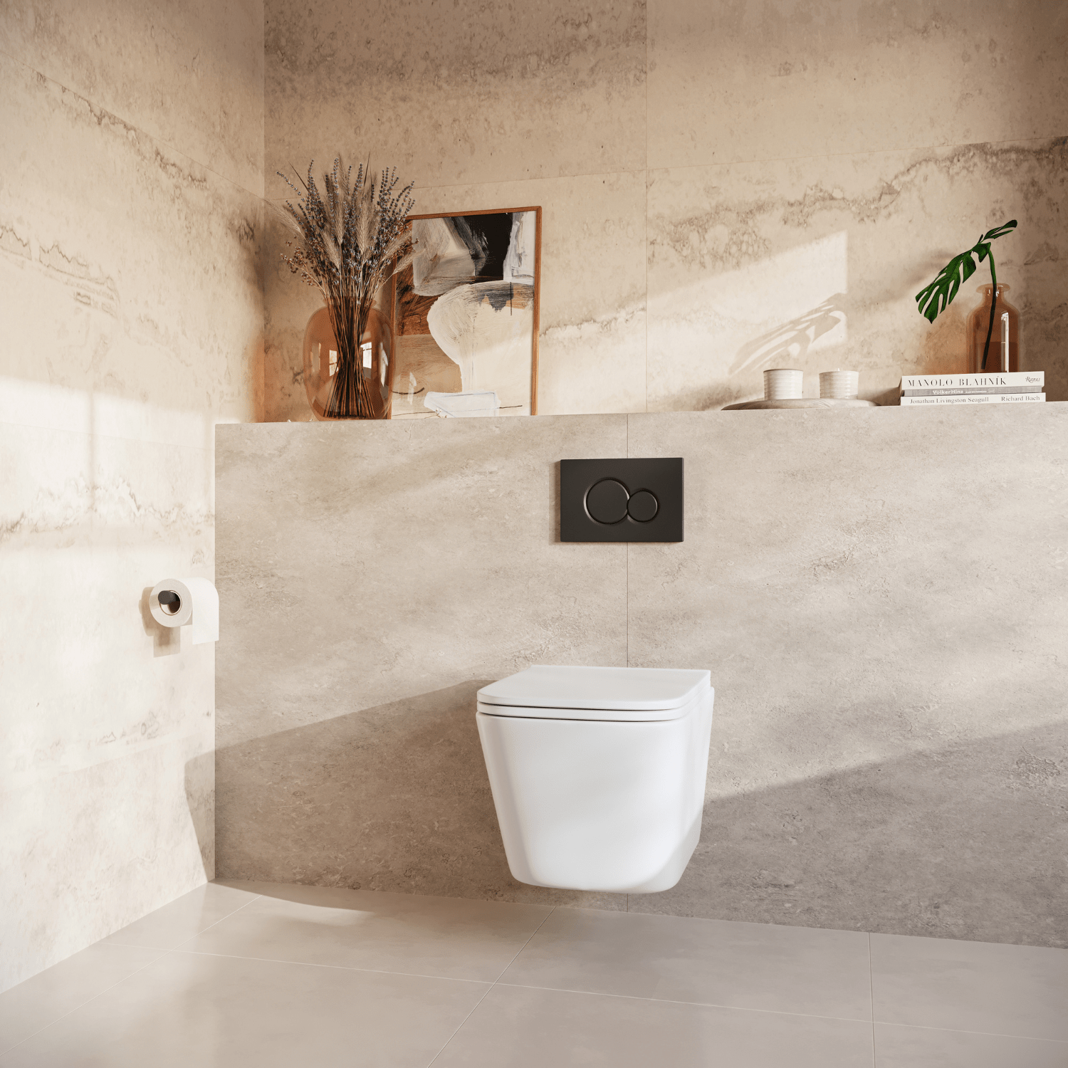 Hangtoilet met Inbouwreservoir - Vierkant Wit - Drukplaat Rond Zwart - Linea - lomazoo.com