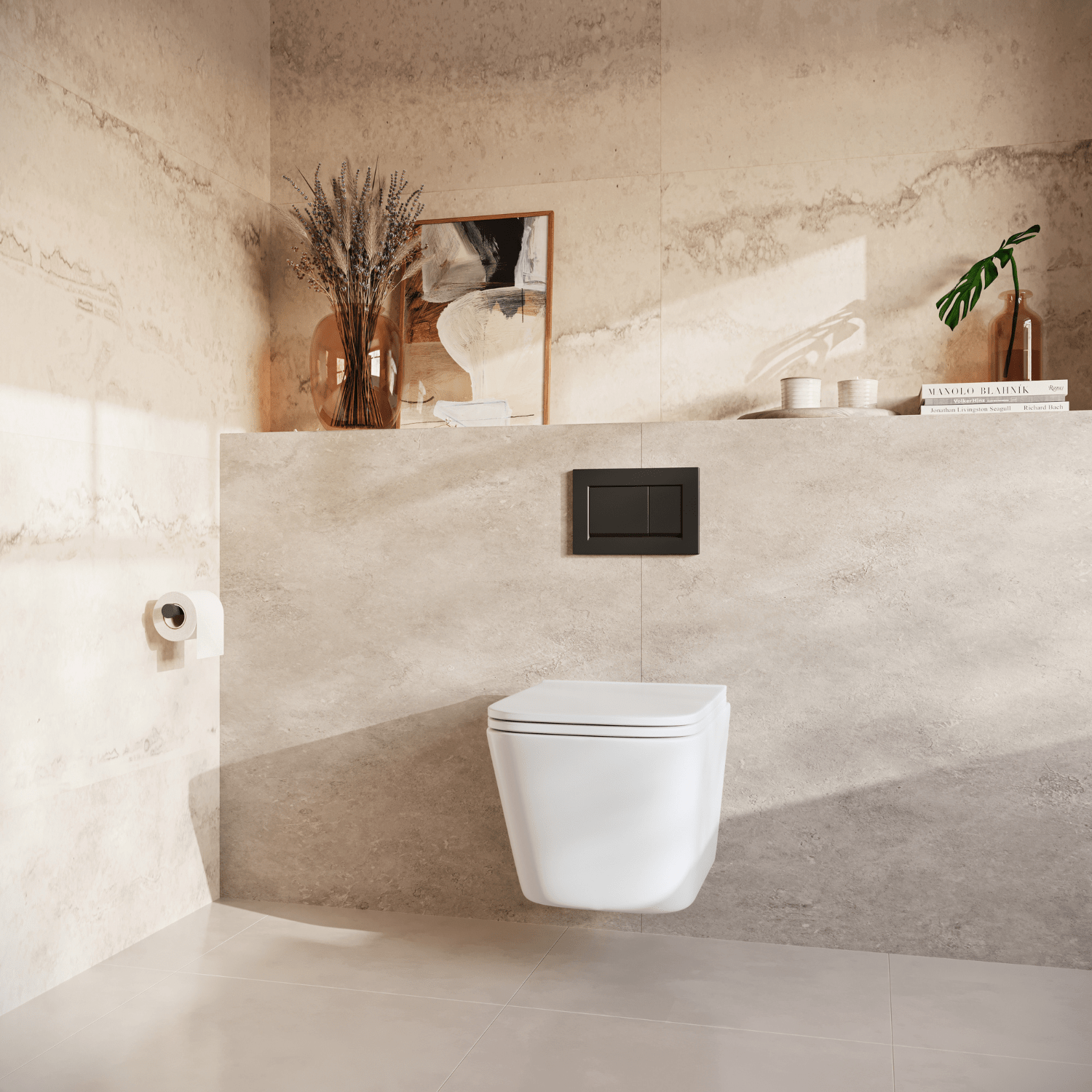 Hangtoilet met Inbouwreservoir - Vierkant Wit - Drukplaat Vierkant Zwart - Linea - lomazoo.com