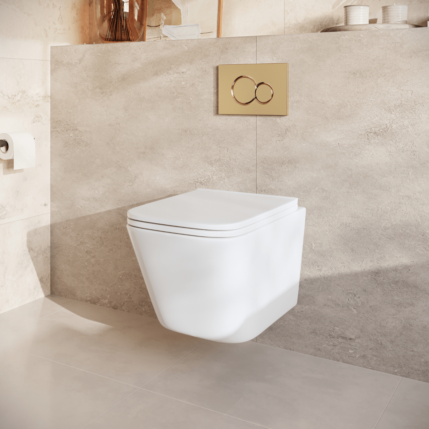 Hangtoilet met Inbouwreservoir - Vierkant Wit - Drukplaat Rond Goud - Linea - lomazoo.com