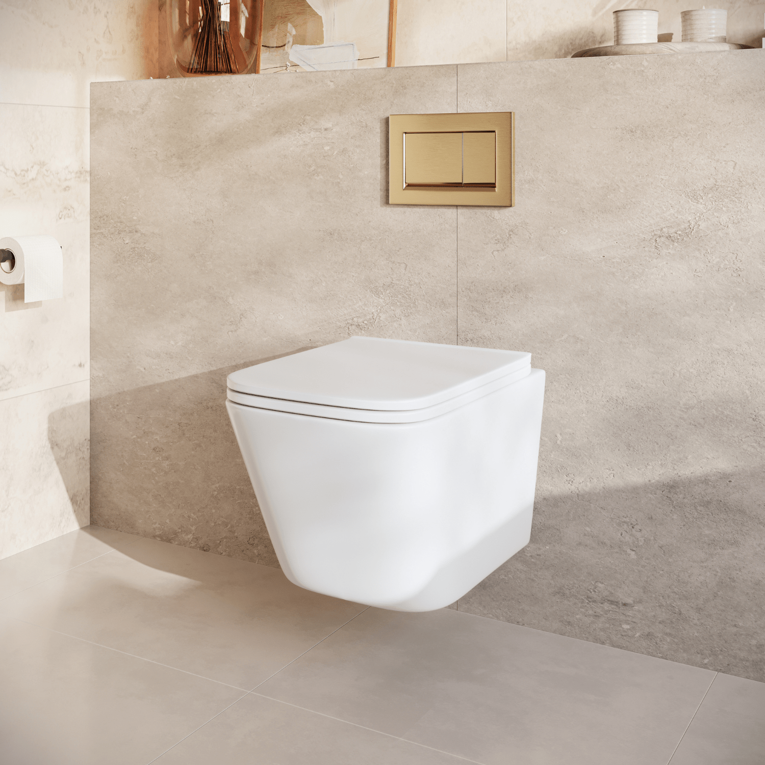 Hangtoilet met Inbouwreservoir - Vierkant Wit - Drukplaat Vierkant Goud - Linea - lomazoo.com