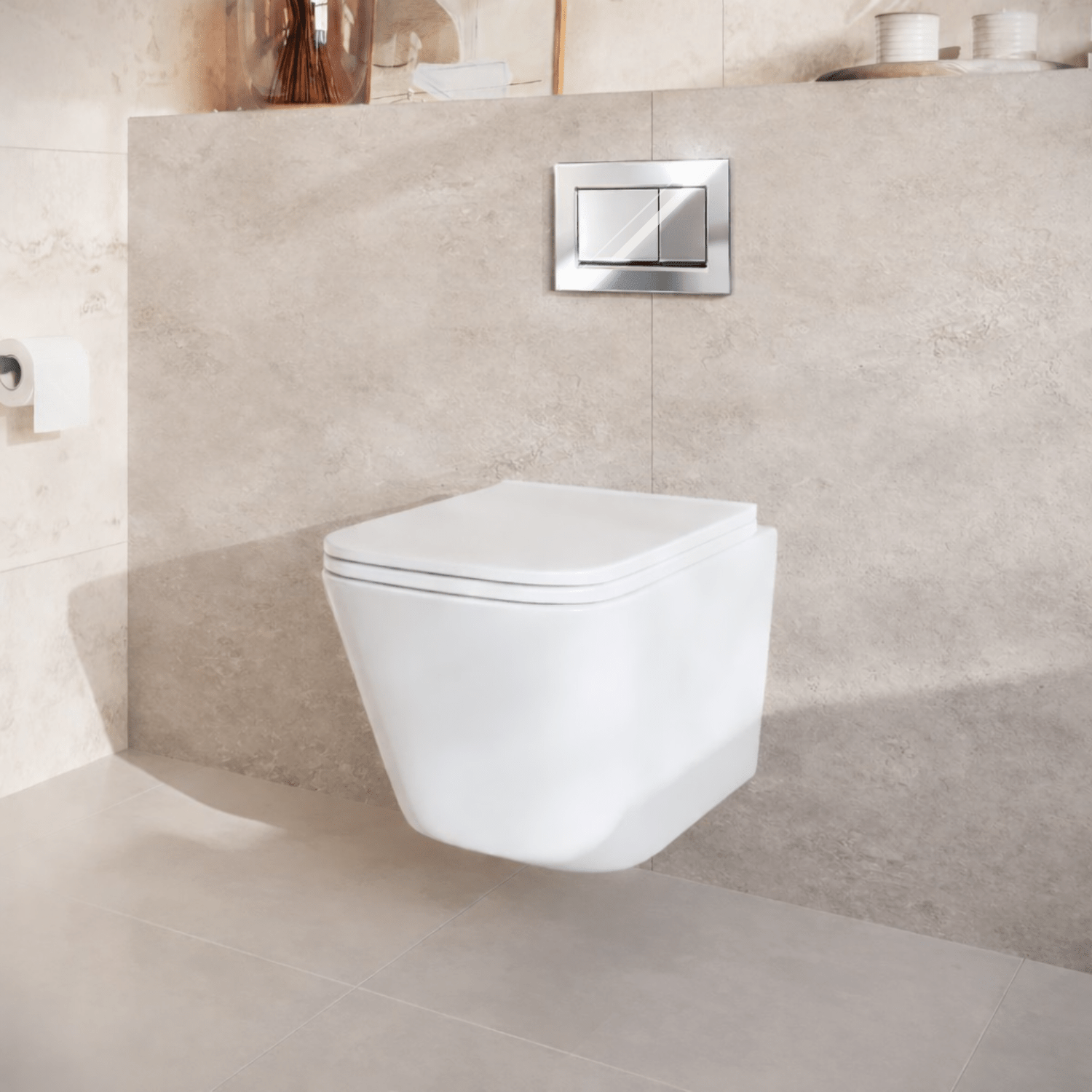 Hangtoilet met Inbouwreservoir - Vierkant Wit - Drukplaat Vierkant Chroom - Linea - lomazoo.com