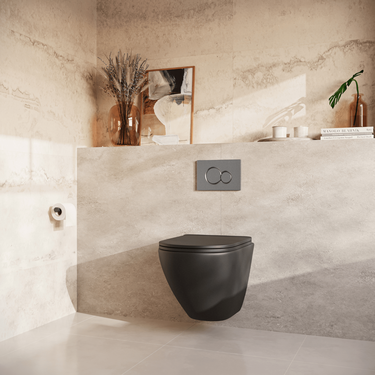 Hangtoilet met Inbouwreservoir - Rond Zwart - Drukplaat Rond Gunmetal - Linea - lomazoo.com