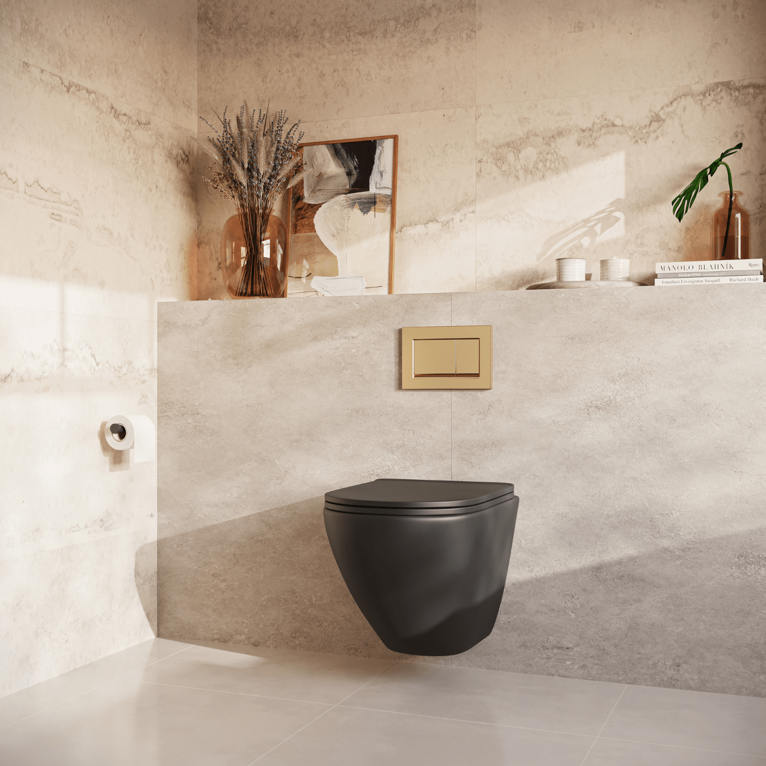 Hangtoilet met Inbouwreservoir - Rond Zwart - Drukplaat Vierkant Goud - Linea - lomazoo.com