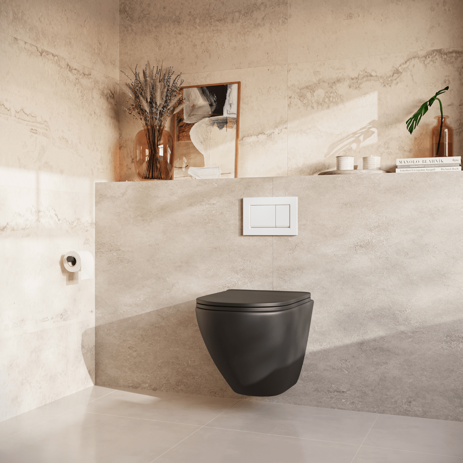 Hangtoilet met Inbouwreservoir - Rond Zwart - Drukplaat Vierkant Wit - Linea - lomazoo.com