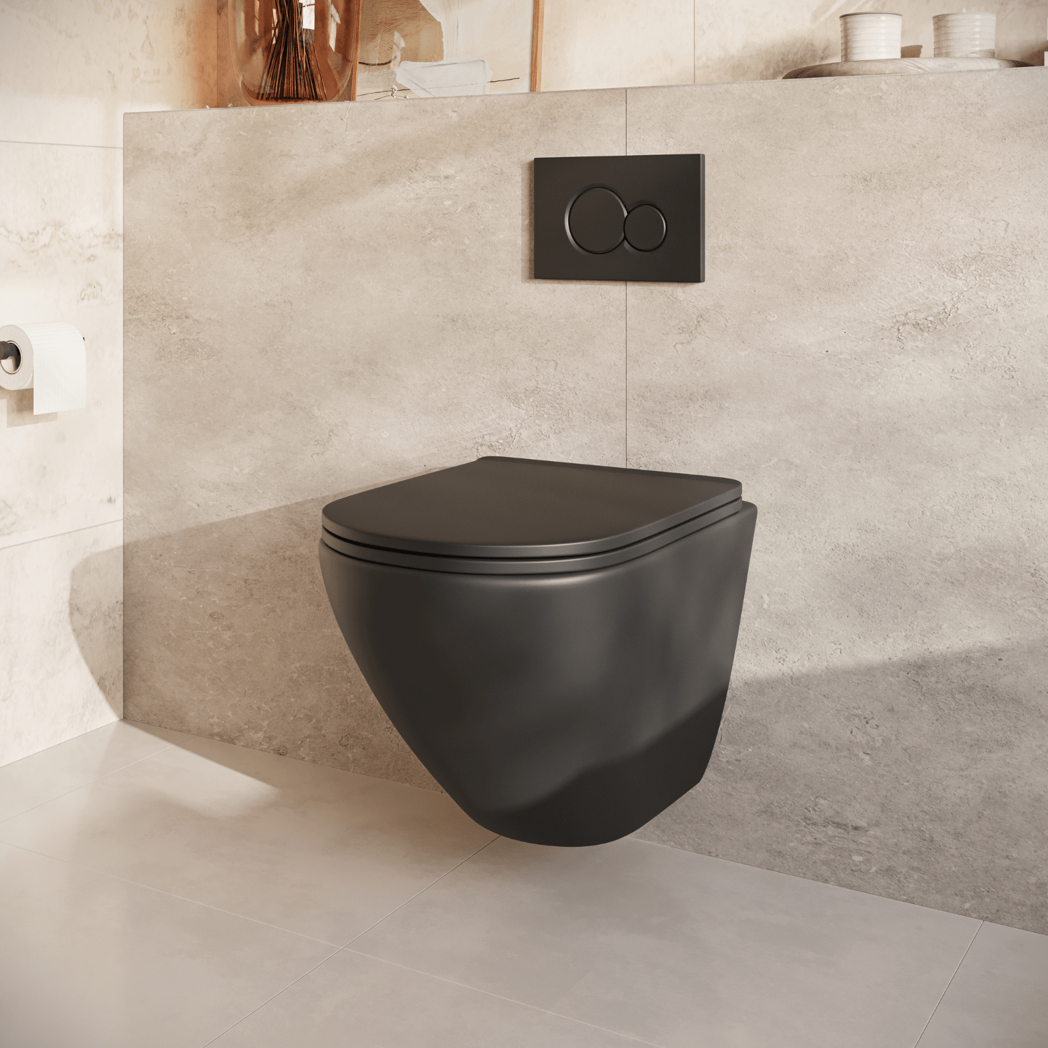 Hangtoilet met Inbouwreservoir - Rond Zwart - Drukplaat Rond Zwart - Linea - lomazoo.com