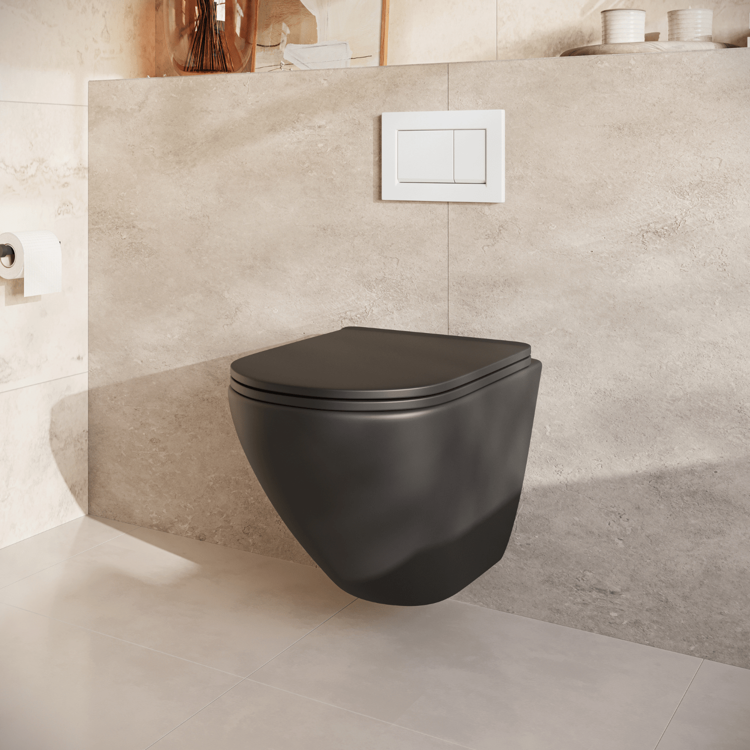 Hangtoilet met Inbouwreservoir - Rond Zwart - Drukplaat Vierkant Wit - Linea - lomazoo.com