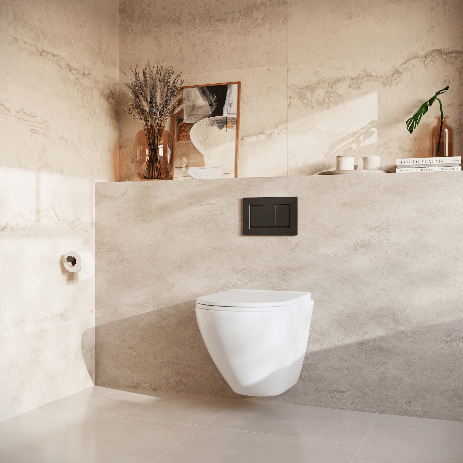 LOMAZOO Hangtoilet met Inbouwreservoir - Rond Wit - Drukplaat Vierkant Zwart - Linea - lomazoo.com