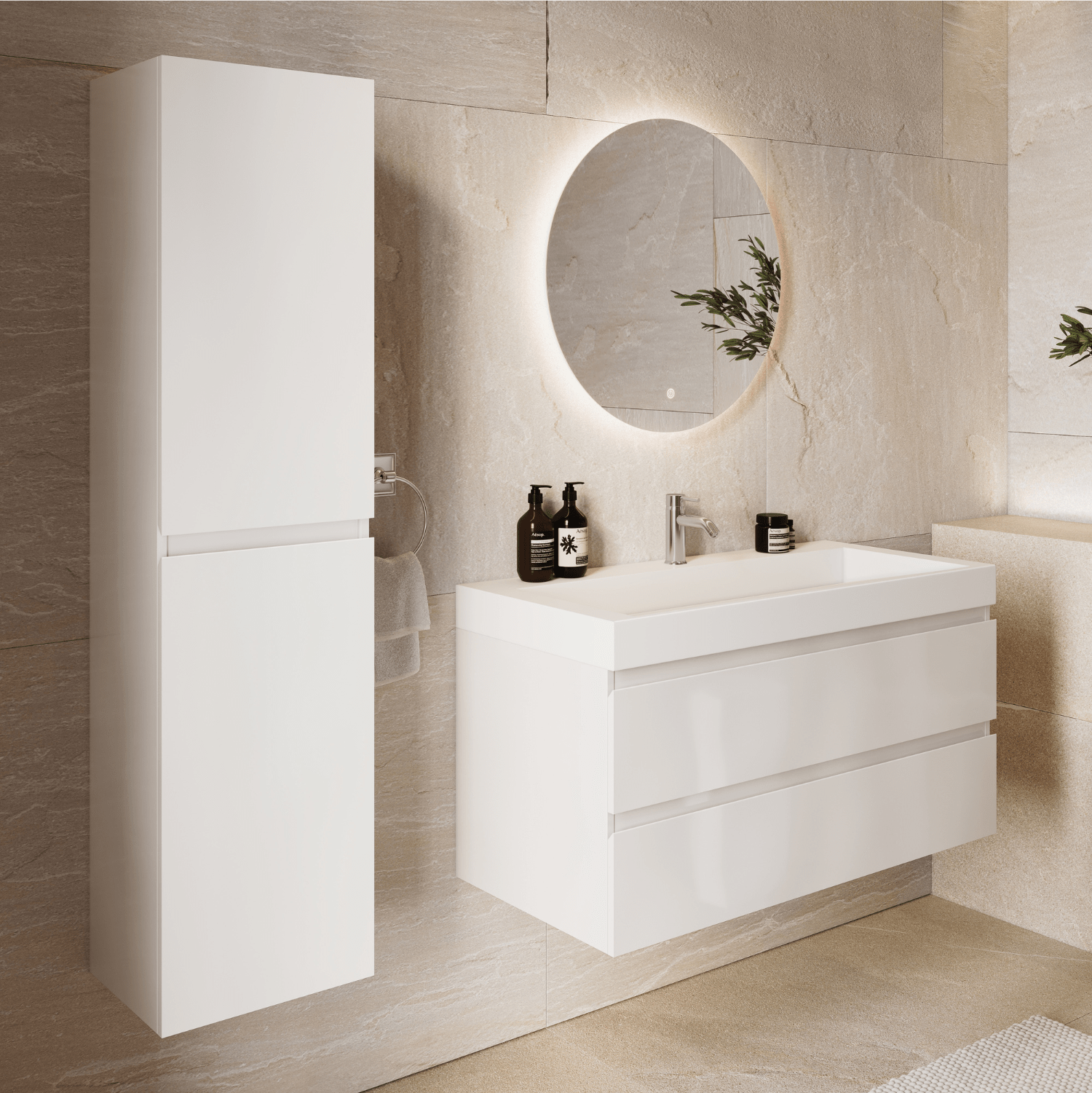 AZURO Badezimmermöbel-Set – Glänzend Weiß – Weißes Waschbecken – mit H –