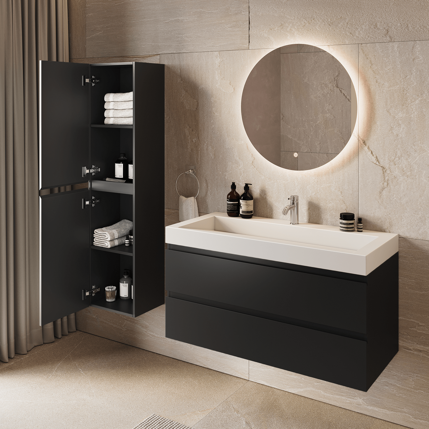 AZURO Mat Zwart - Wastafel Wit - Met Kolomkast - 100cm - lomazoo.com