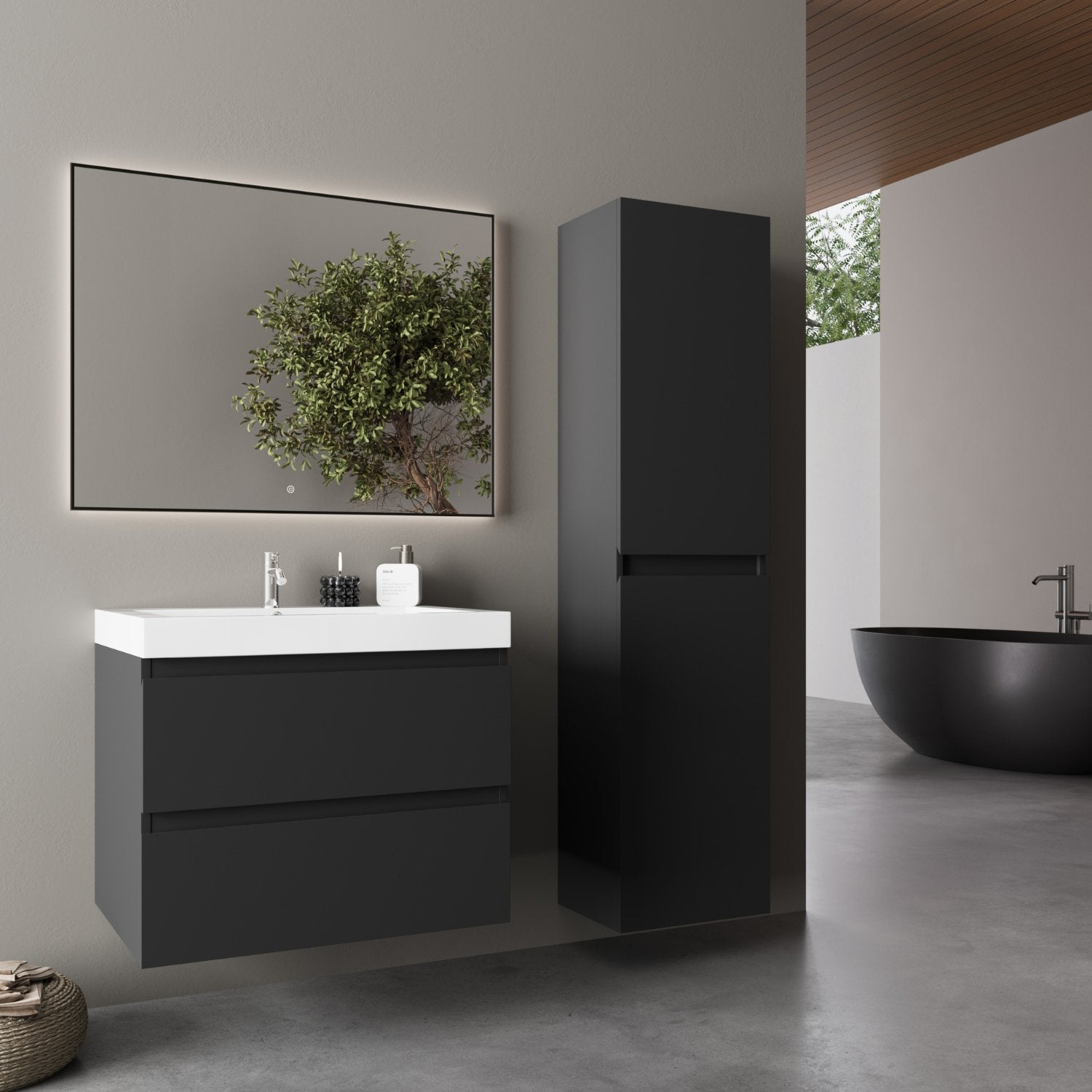 AVALON Badezimmermöbel-Set 60 cm – Mit Hochschrank – Weißes Waschbecken – Mattschwarz