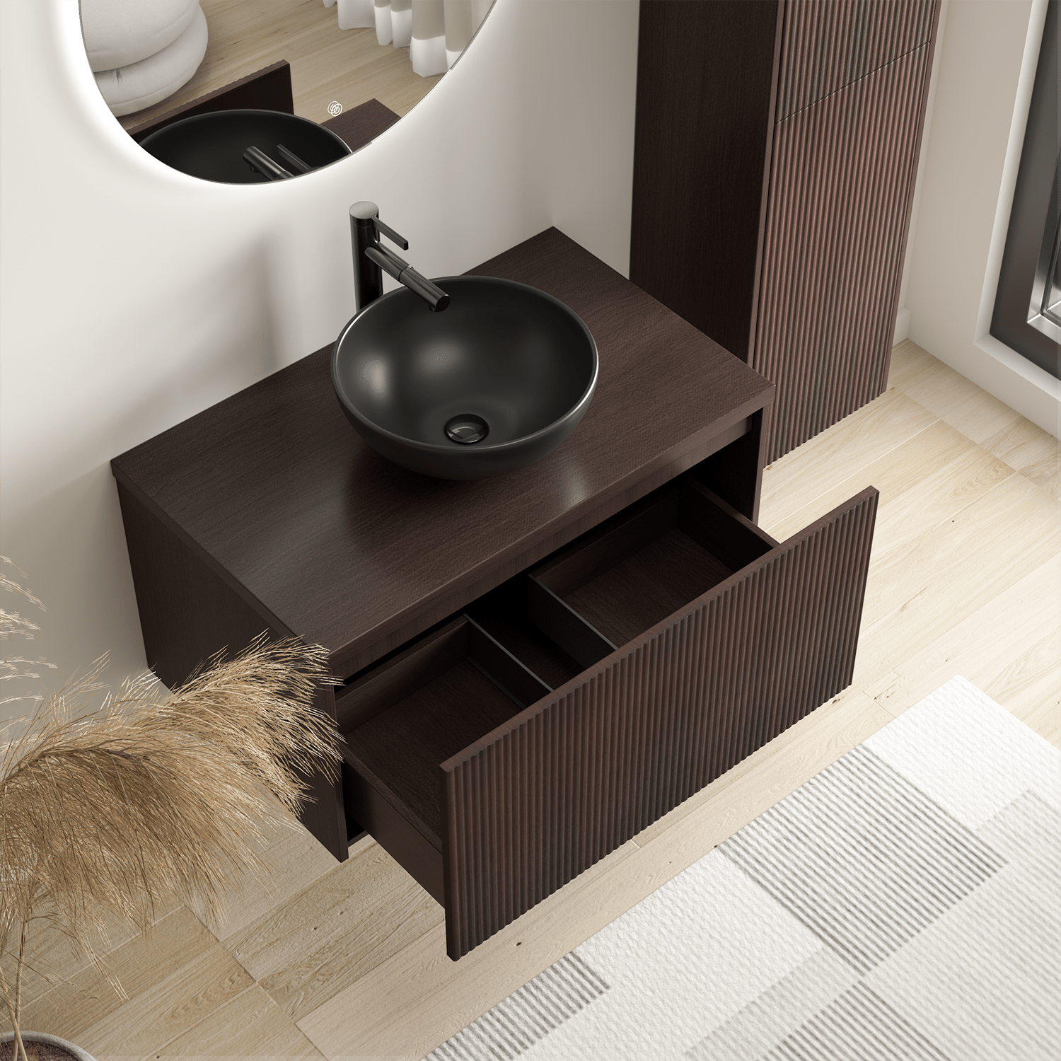Badmeubelset TROPANI 80 cm - Walnoot - Ribbel front - Waskom Zwart - lomazoo.com