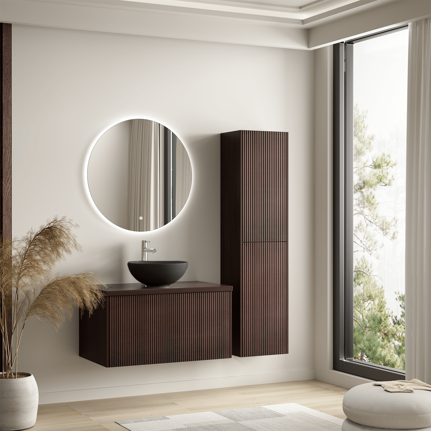 Badmeubelset TROPANI 80 cm - Walnoot - Ribbel front - Waskom Zwart - lomazoo.com