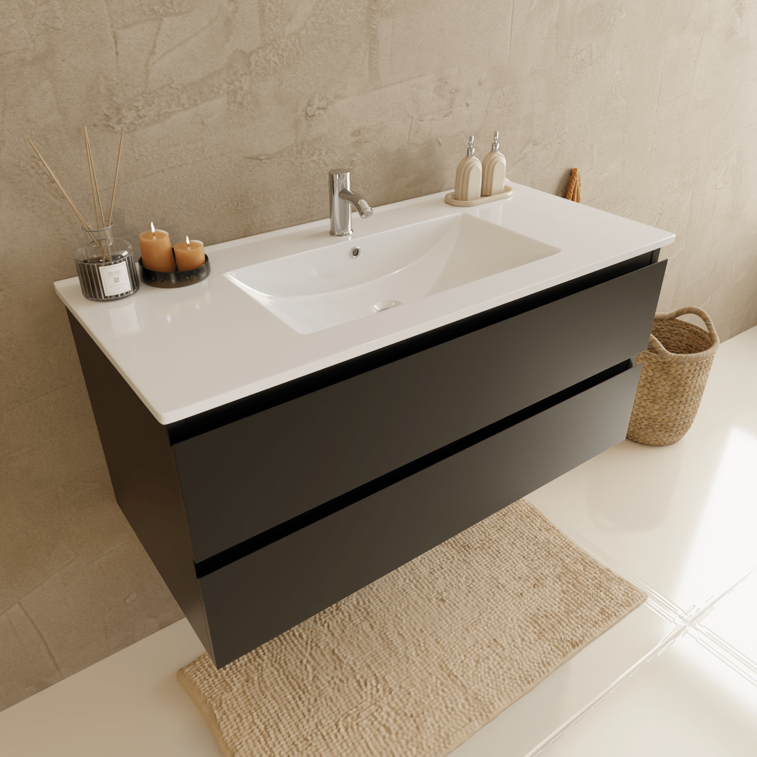 Badmeubelset VERONA 100 cm - Met Kolomkast - Mat Zwart - Wastafel Wit - lomazoo.com