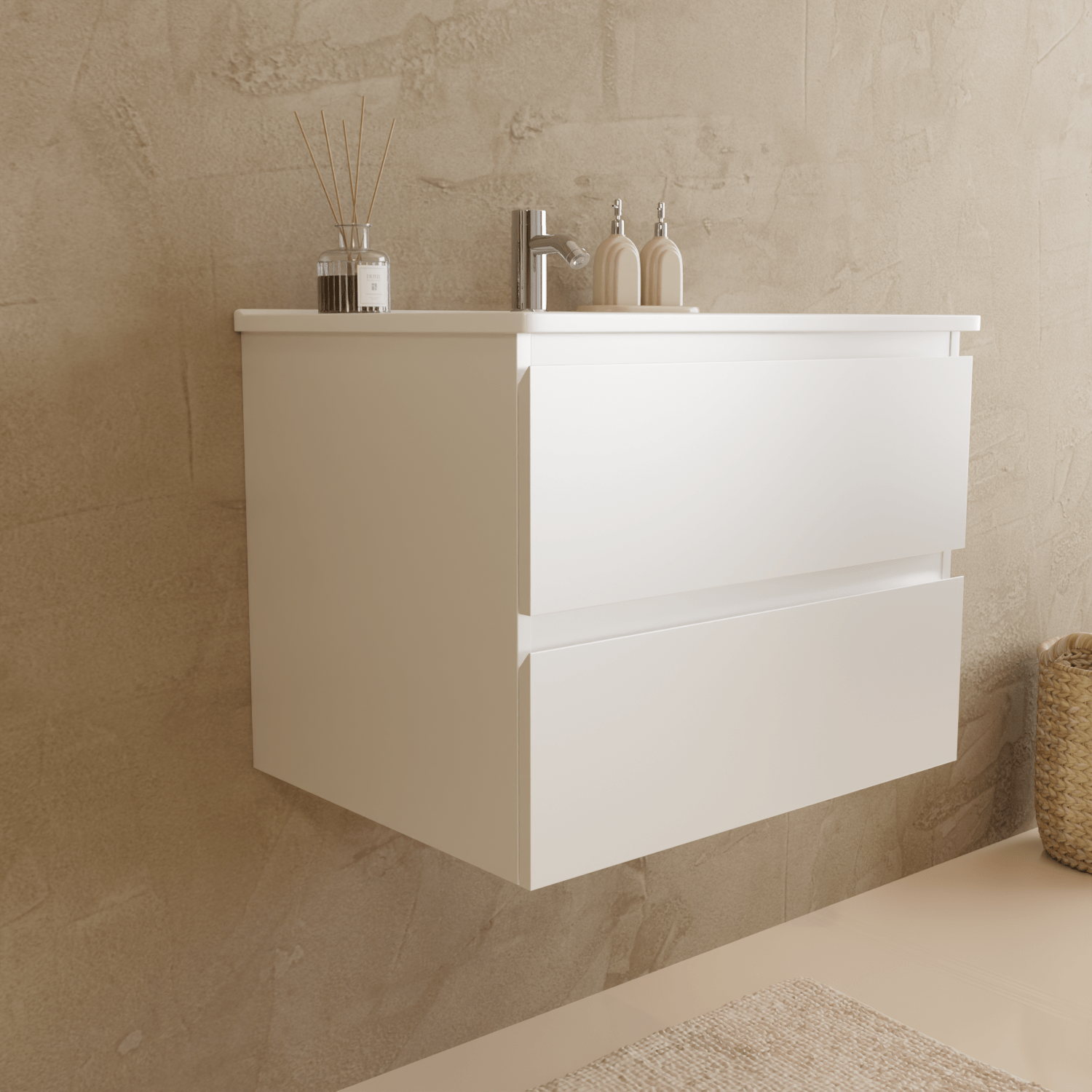 Badmeubelset VERONA 60 cm - Met Kolomkast - Glanzend Wit - Wastafel Wit - lomazoo.com