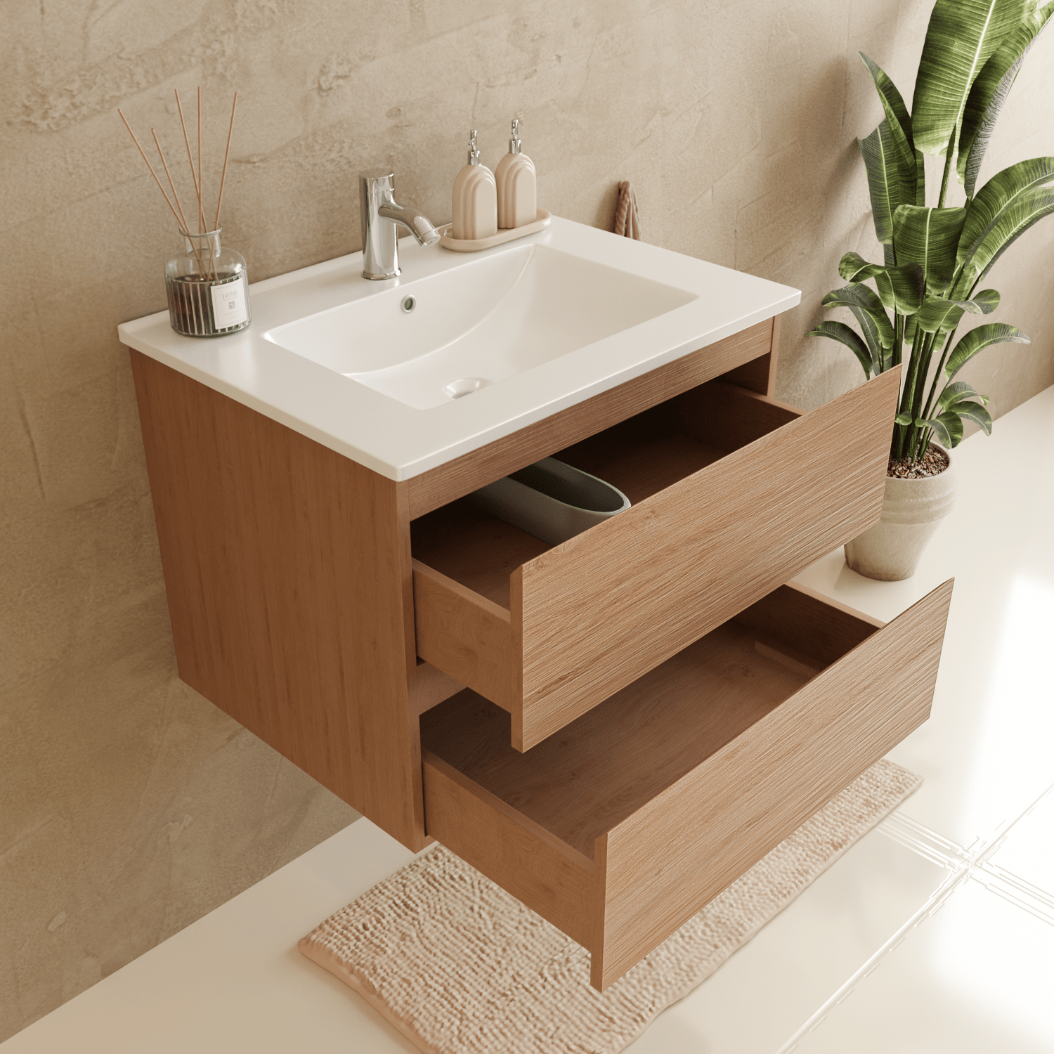 Badmeubelset VERONA 60 cm - Met Kolomkast - Licht Eiken - Wastafel Wit - lomazoo.com