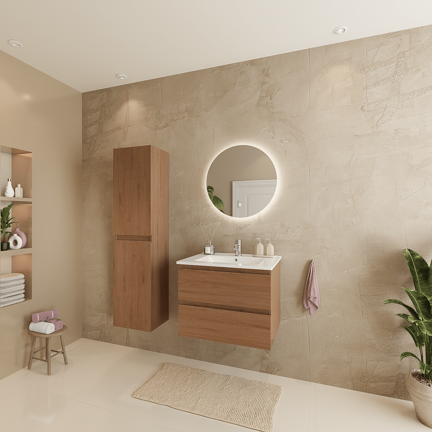 Badmeubelset VERONA 60 cm - Met Kolomkast - Warm Eiken - Wastafel Wit - lomazoo.com