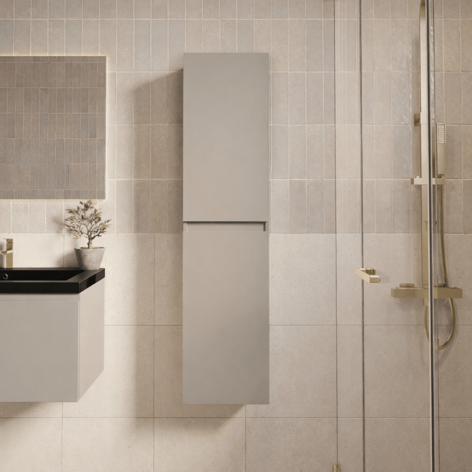 Badmeubelset SORRENTO 60cm - Met Kolomkast - Greige - Wastafel Zwart - lomazoo.com