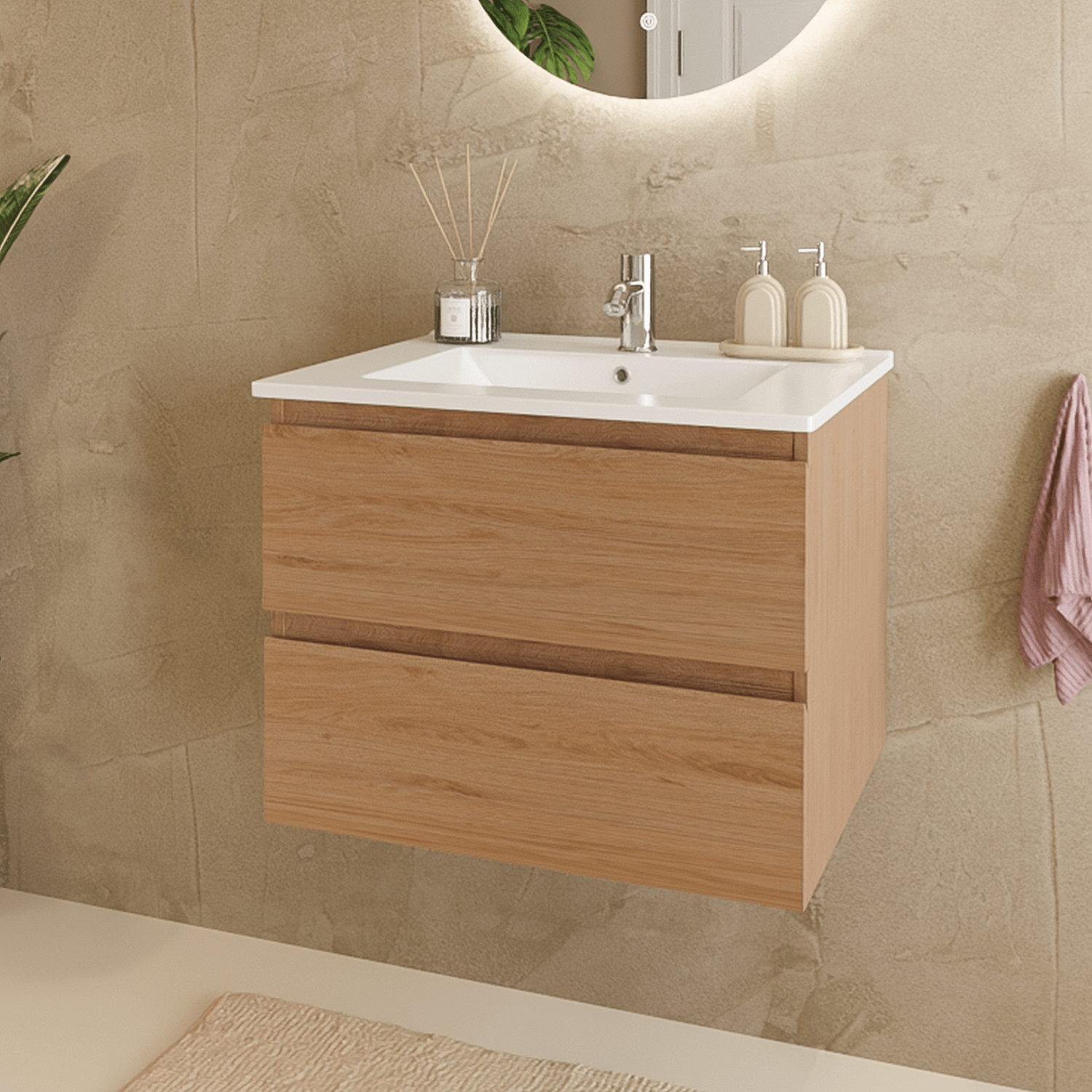 MARENZA Licht Eiken - Wastafel Wit - 60cm - lomazoo.com