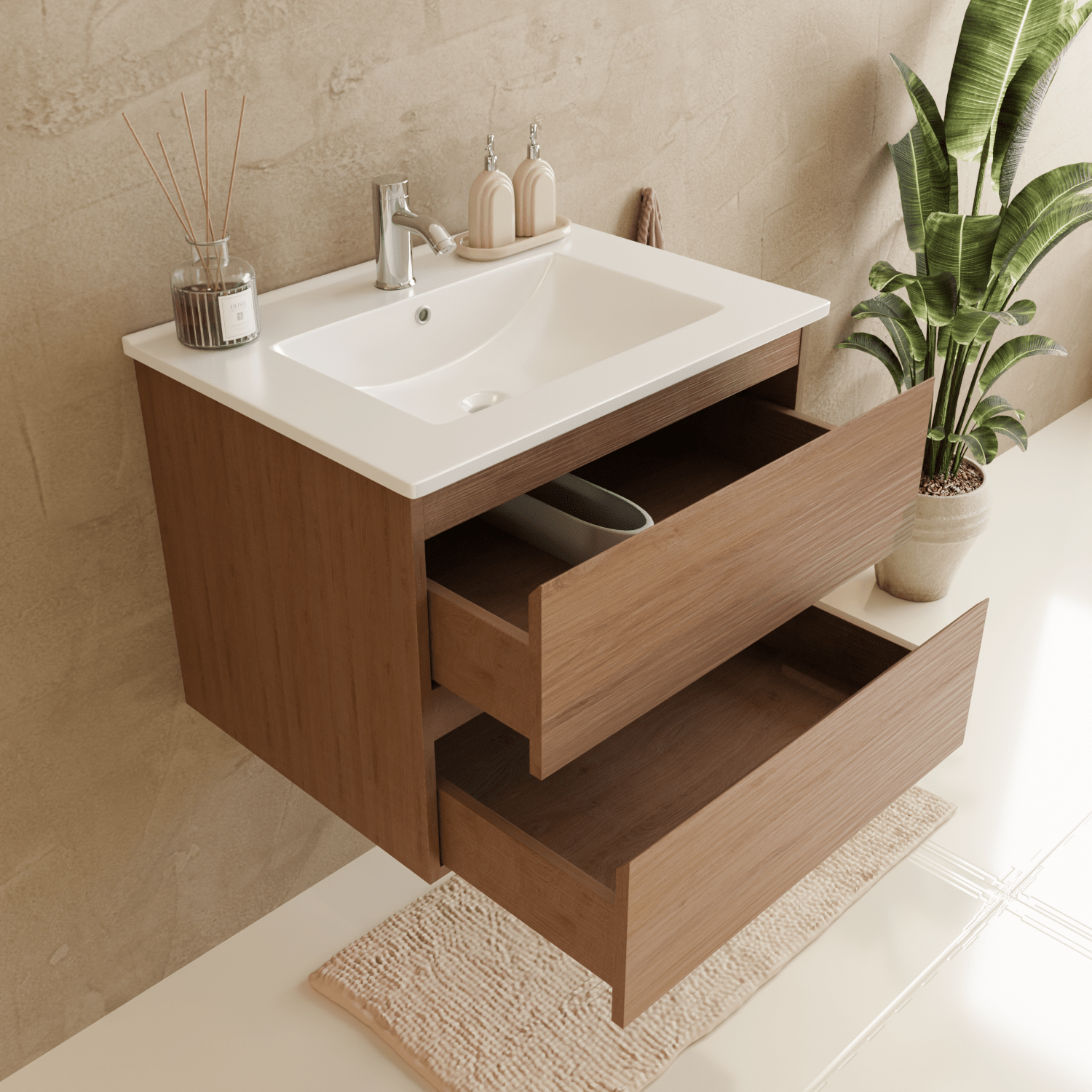 MARENZA Warm Eiken - Wastafel Wit - 60cm - lomazoo.com