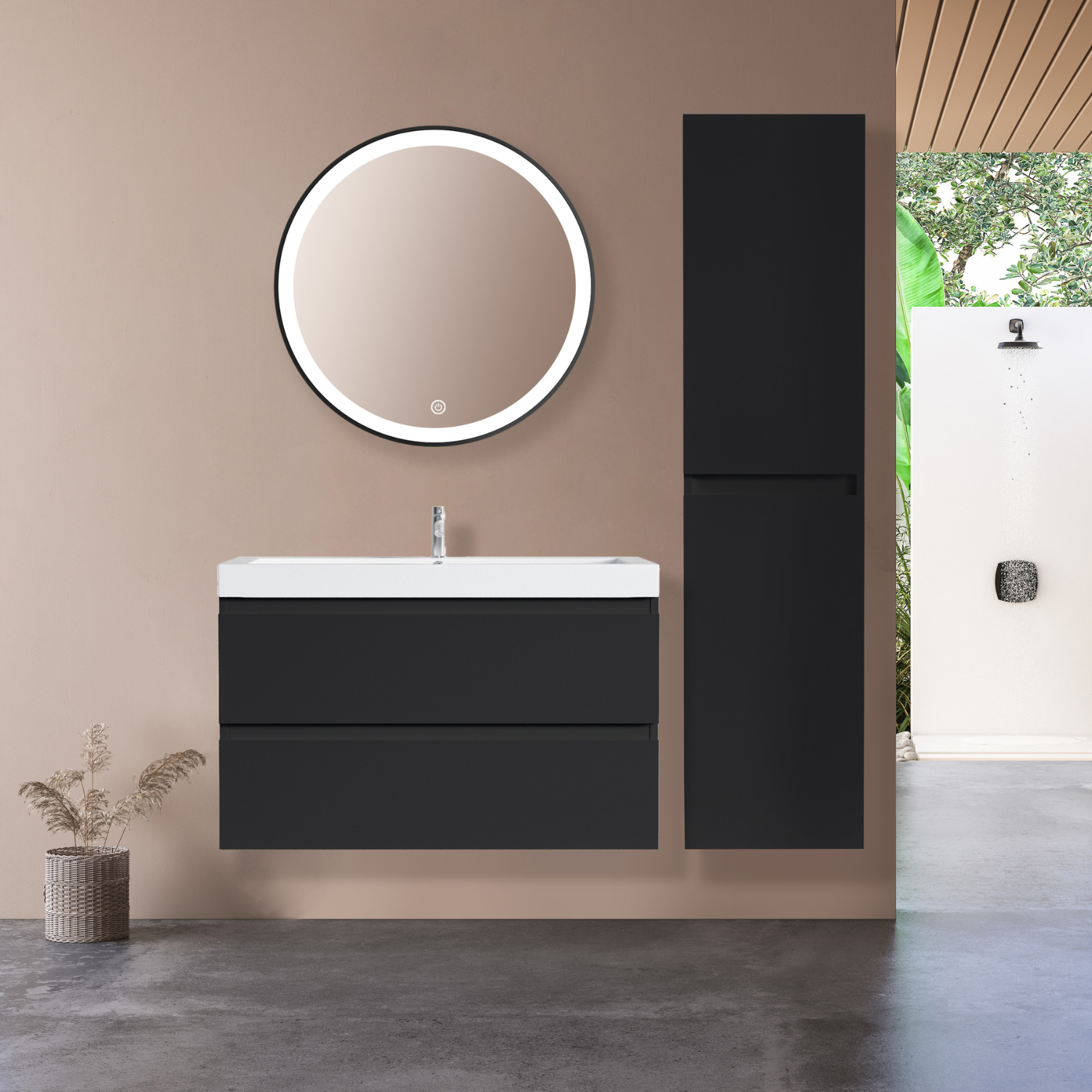 Ensemble meuble vasque AVALON 80 cm - Noir Mat - Lavabo blanc