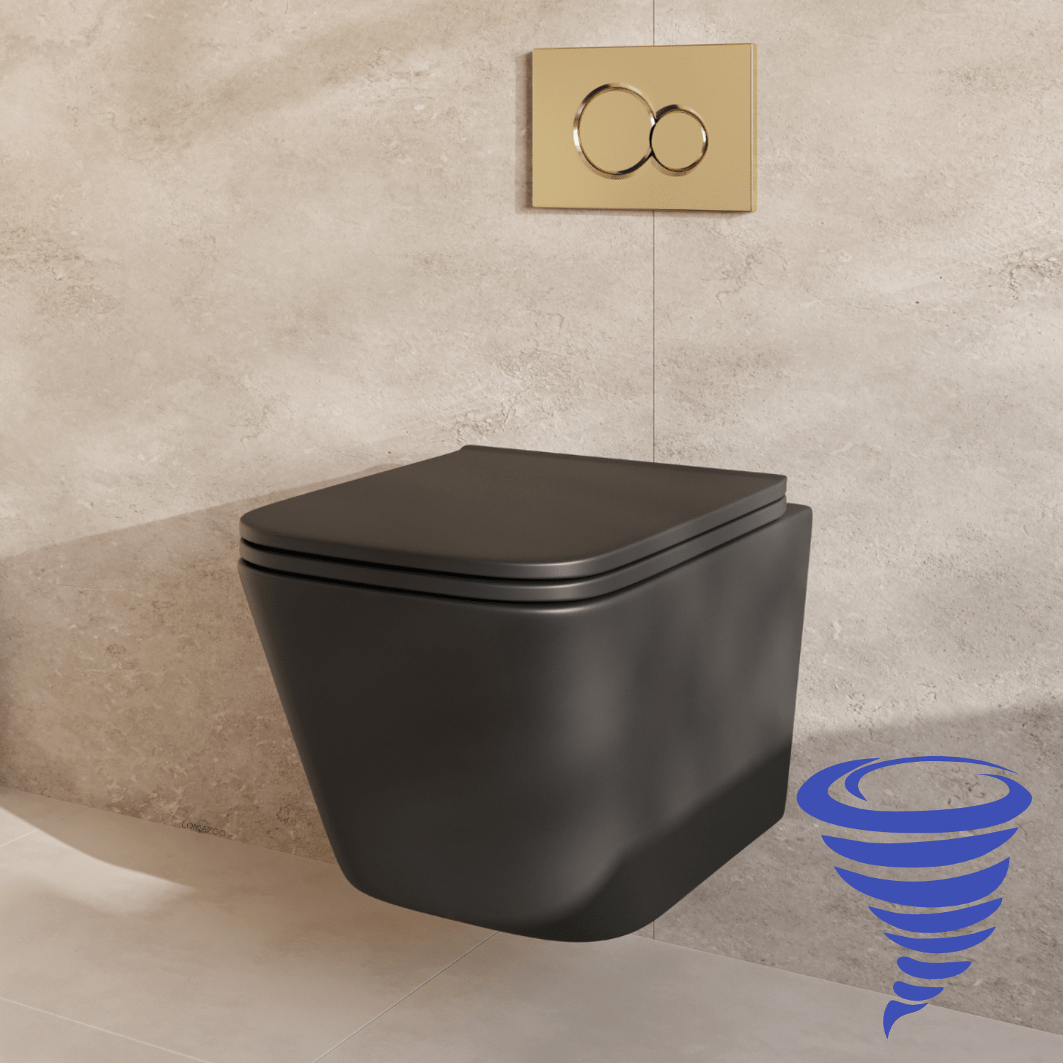 Hangtoilet met Inbouwreservoir - Vierkant Zwart - Drukplaat Rond Goud - Linea - lomazoo.com