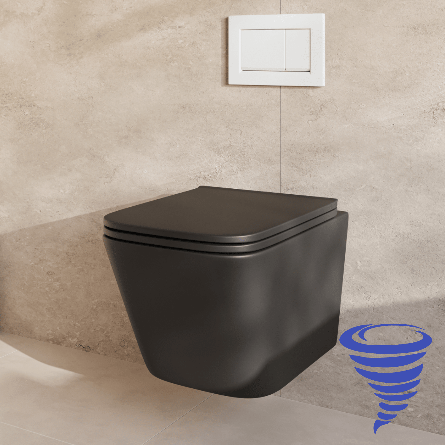 Hangtoilet met Inbouwreservoir - Vierkant Zwart - Drukplaat Vierkant Wit - Linea - lomazoo.com