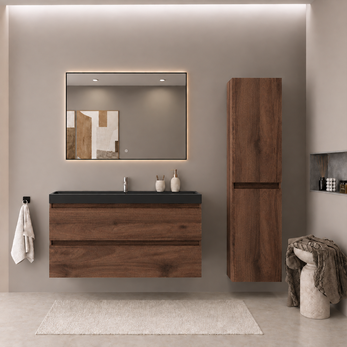 Badmeubelset AVALON 100 cm - Met Kolomkast - Bruin Eiken - Wastafel Zwart