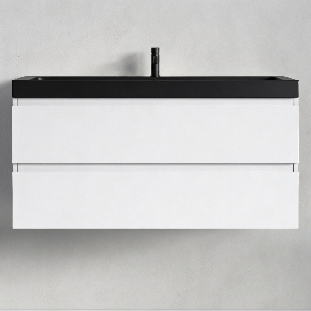 Badmeubelset AVALON 100 cm - Met Kolomkast - Glanzend Wit - Wastafel Zwart