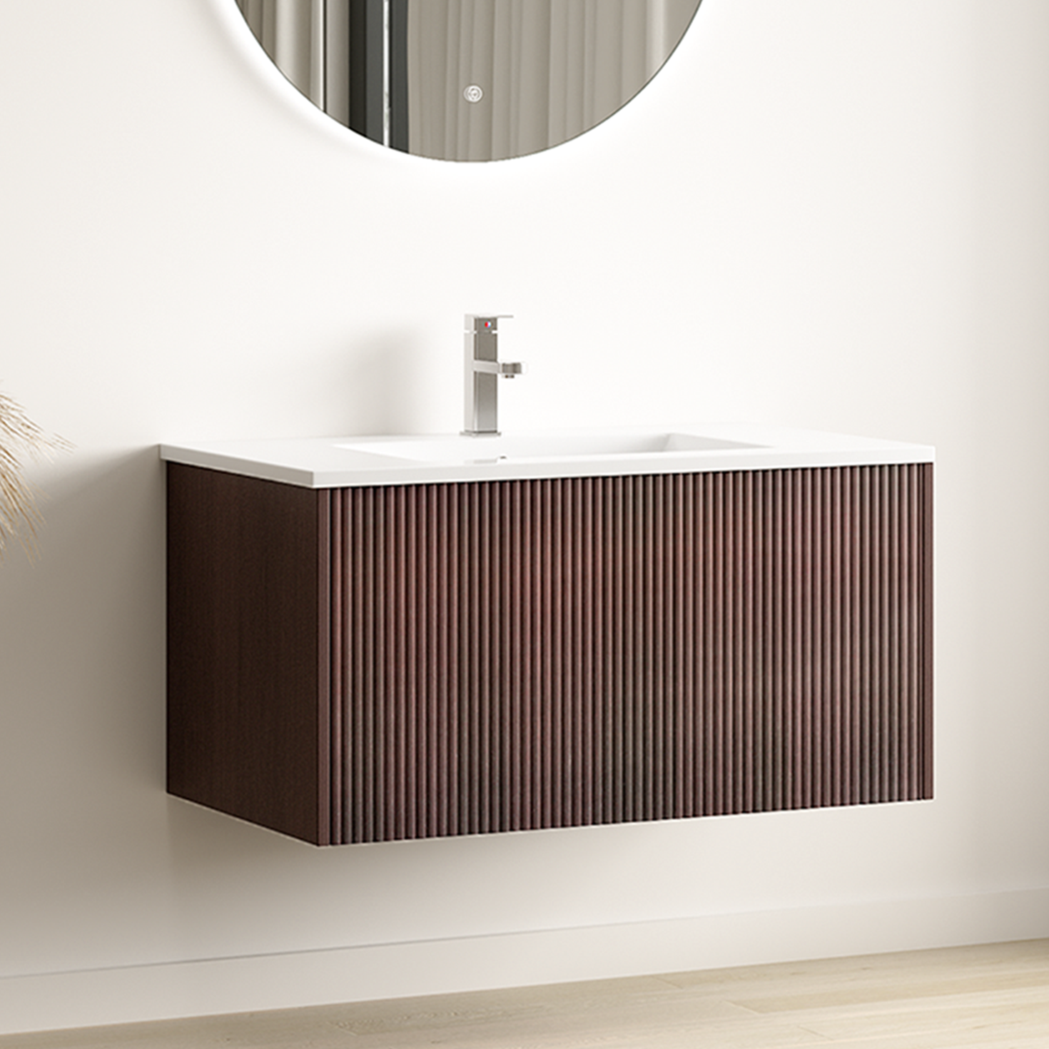 SOVINA Rillenfront Walnuss – Weißes Waschbecken – 80 cm