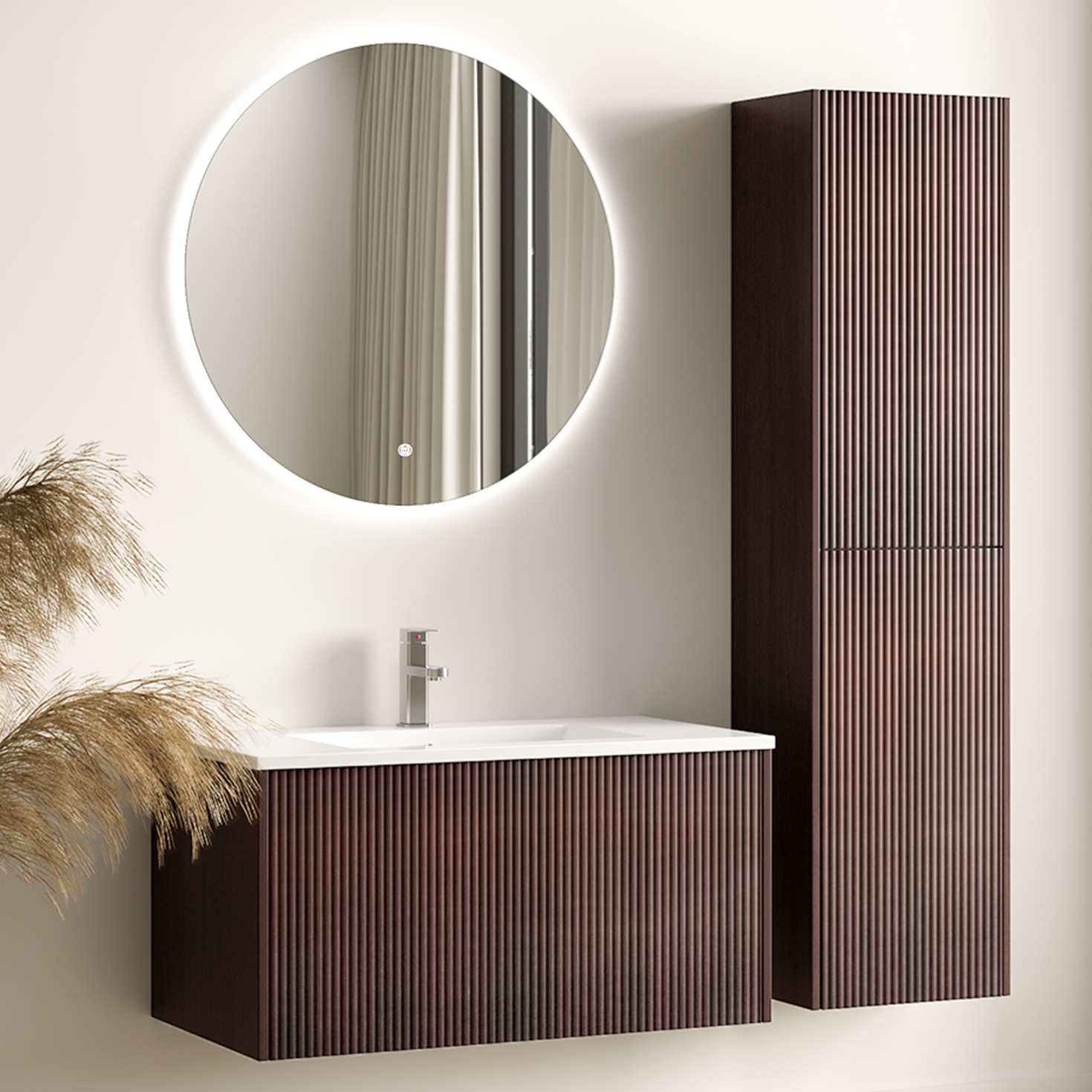 Badmeubelset ROVANI 80 cm - Walnoot - Ribbel front - Wastafel wit