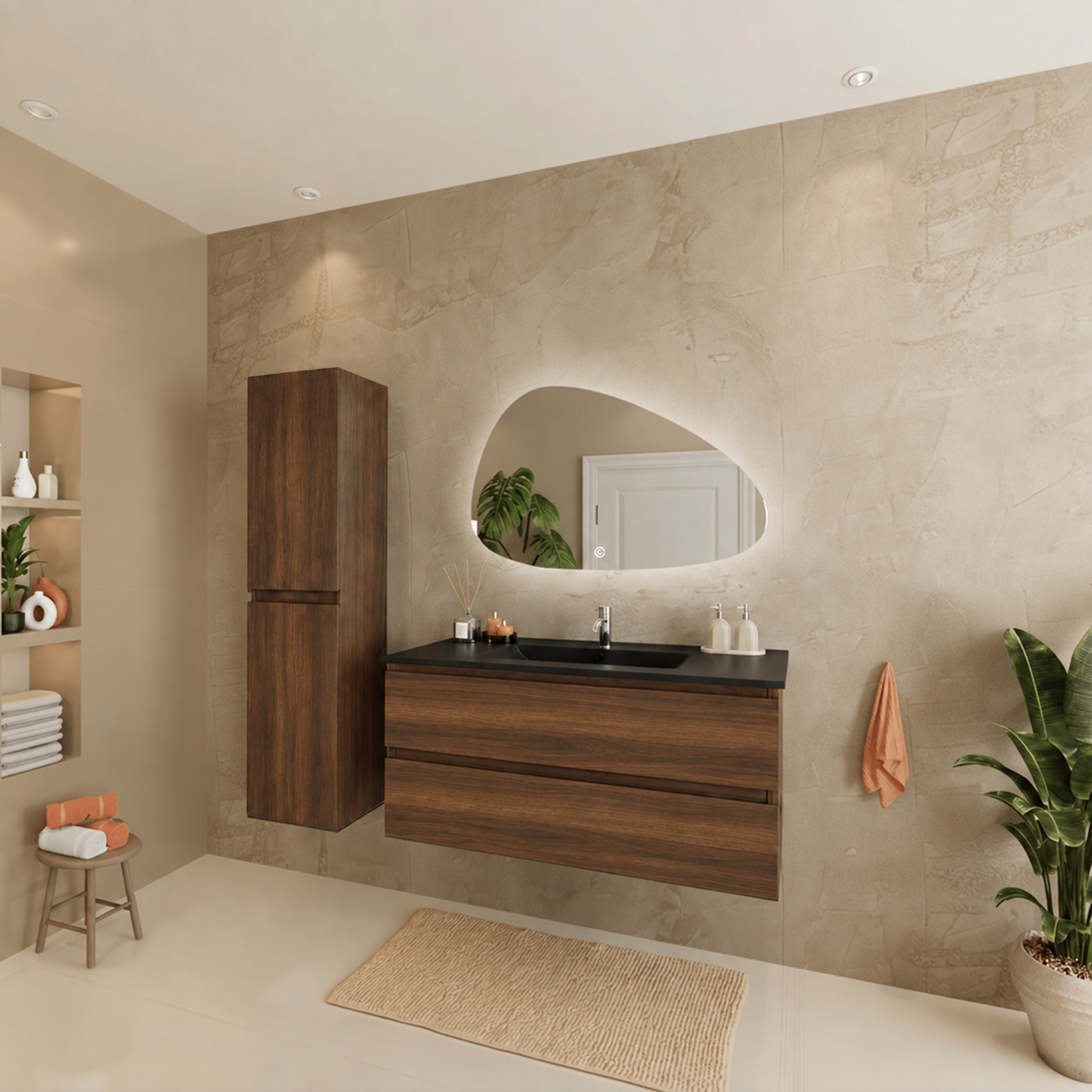 Conjunto de muebles de baño VERONA 100 cm - Con Columna de Baño - Roble Marrón - Lavabo Negro