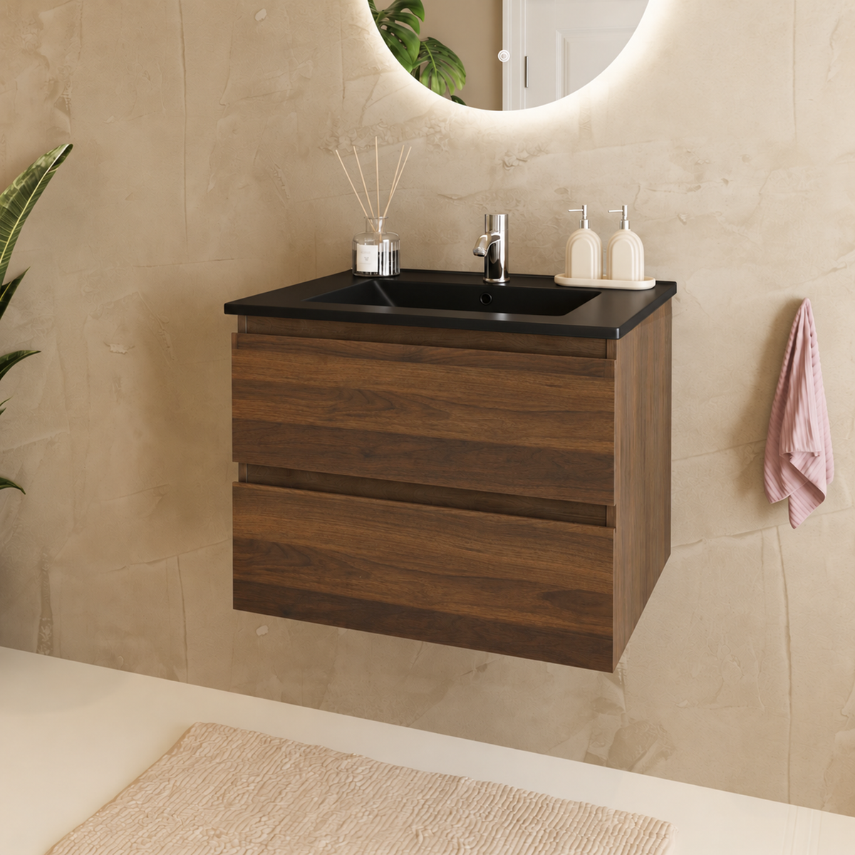 MARENZA Roble Marrón - Lavabo Negro - 60 cm
