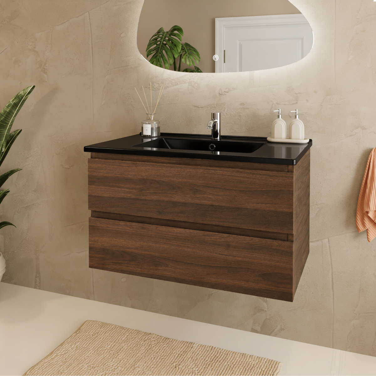 MARENZA Roble Marrón - Lavabo Negro - 80 cm