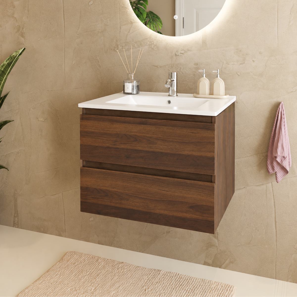 MARENZA Eiche Braun - Weißes Waschbecken - 60 cm