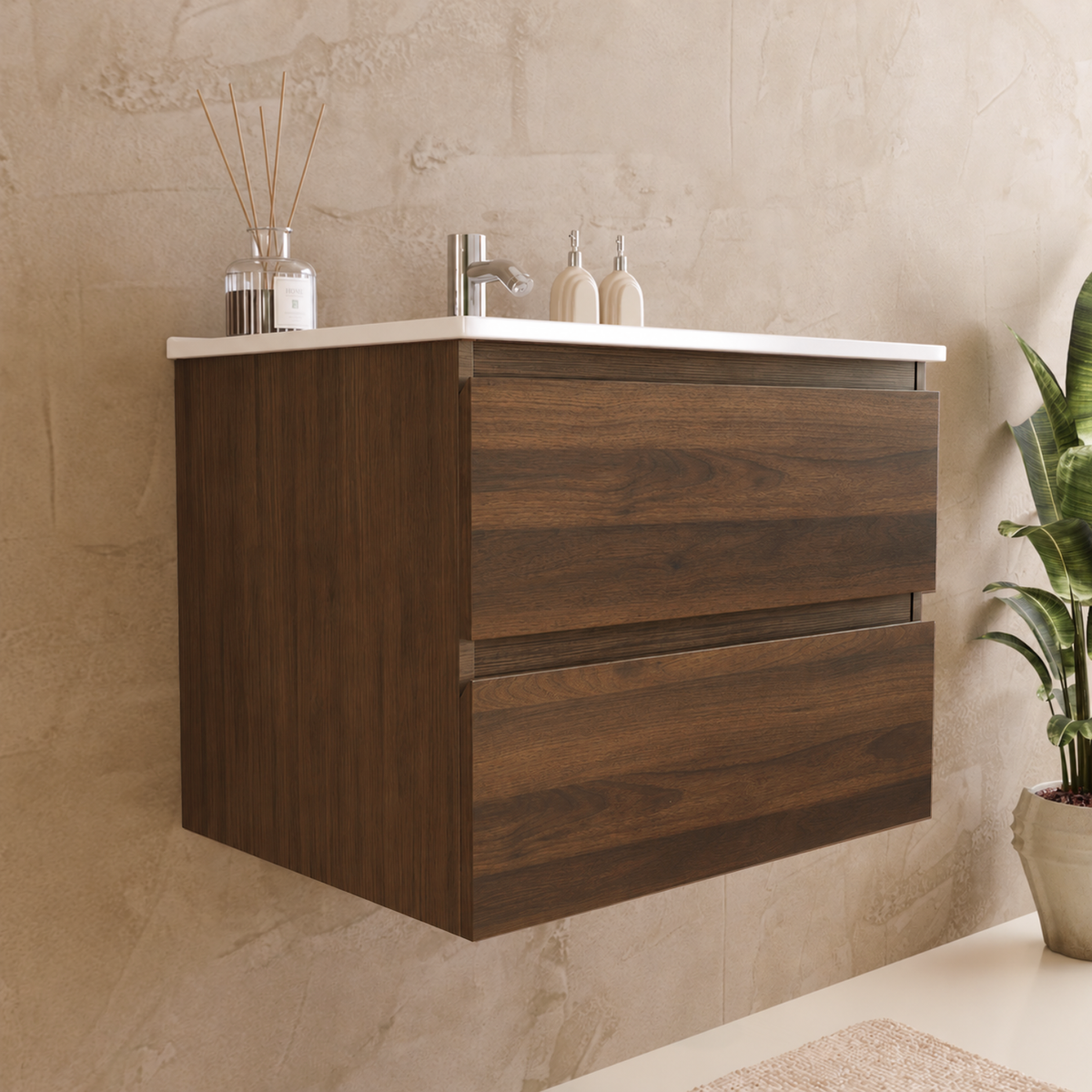 Badmeubelset VERONA 60 cm - Met Kolomkast - Bruin Eiken - Wastafel Wit