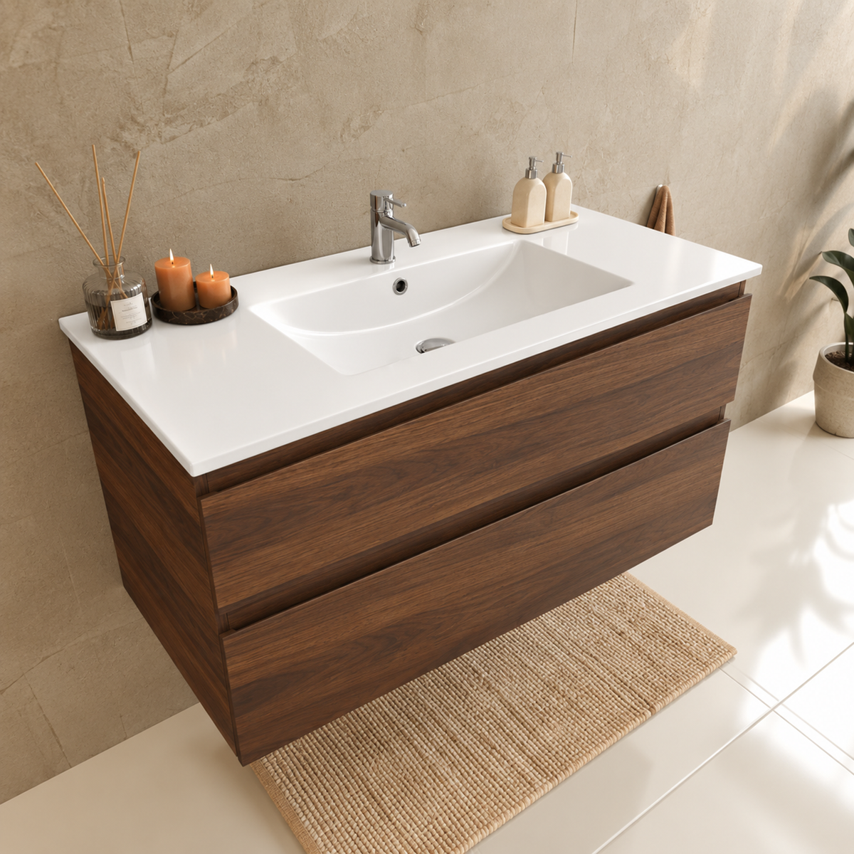 Badmeubelset VERONA 100 cm - Met Kolomkast - Bruin Eiken - Wastafel Wit