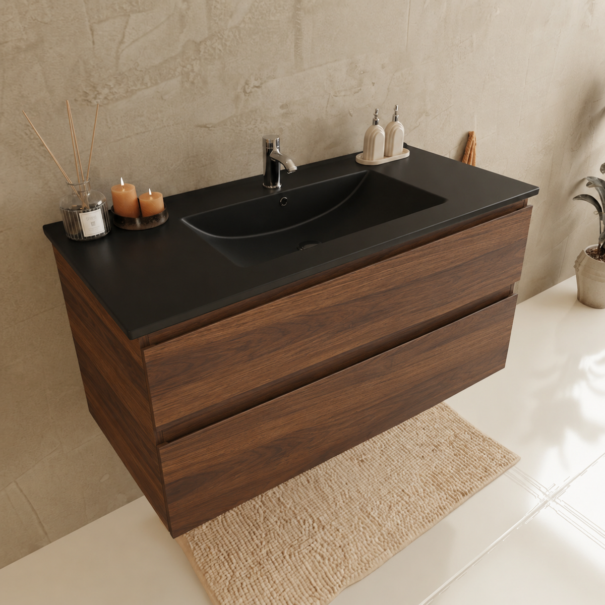 Conjunto de muebles de baño VERONA 100 cm - Con Columna de Baño - Roble Marrón - Lavabo Negro