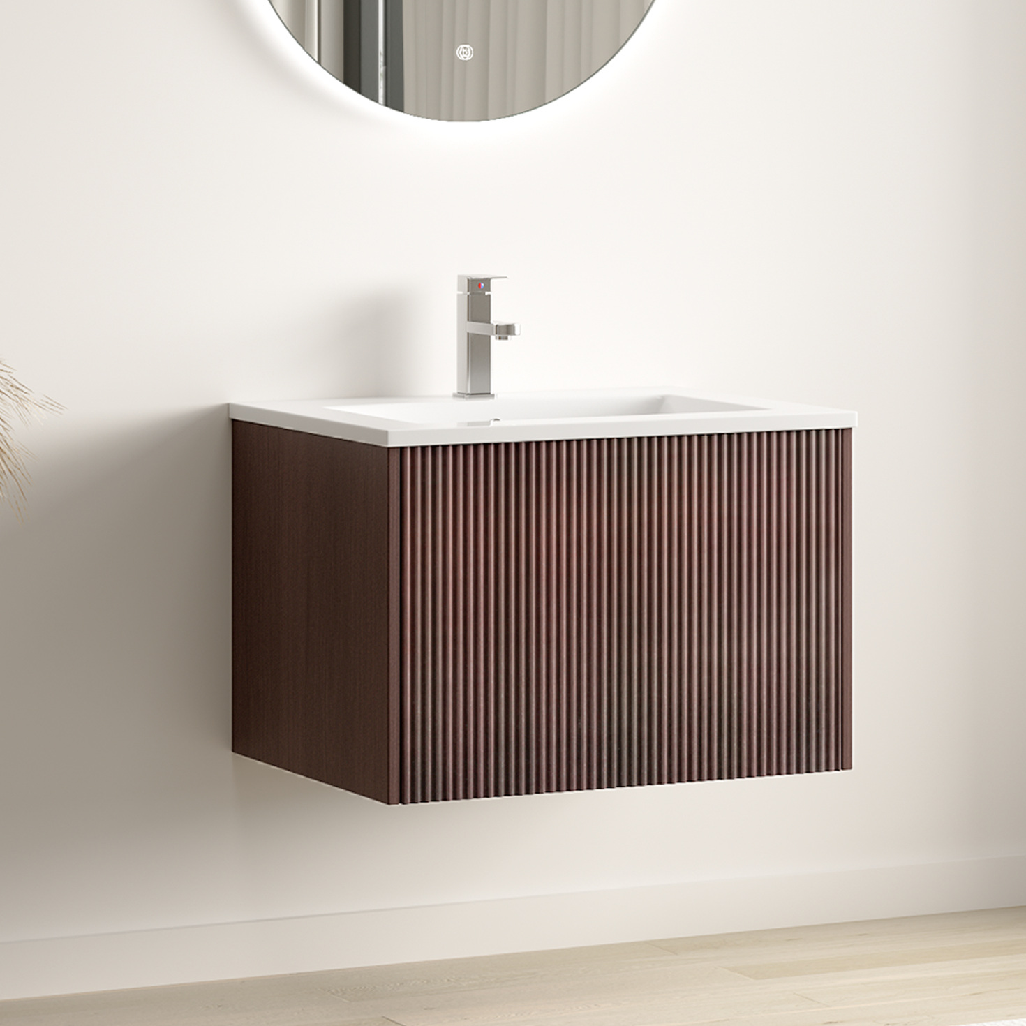 Mueble de baño suspendido SOVINA nogal acanalado - Lavabo blanco - 60 cm