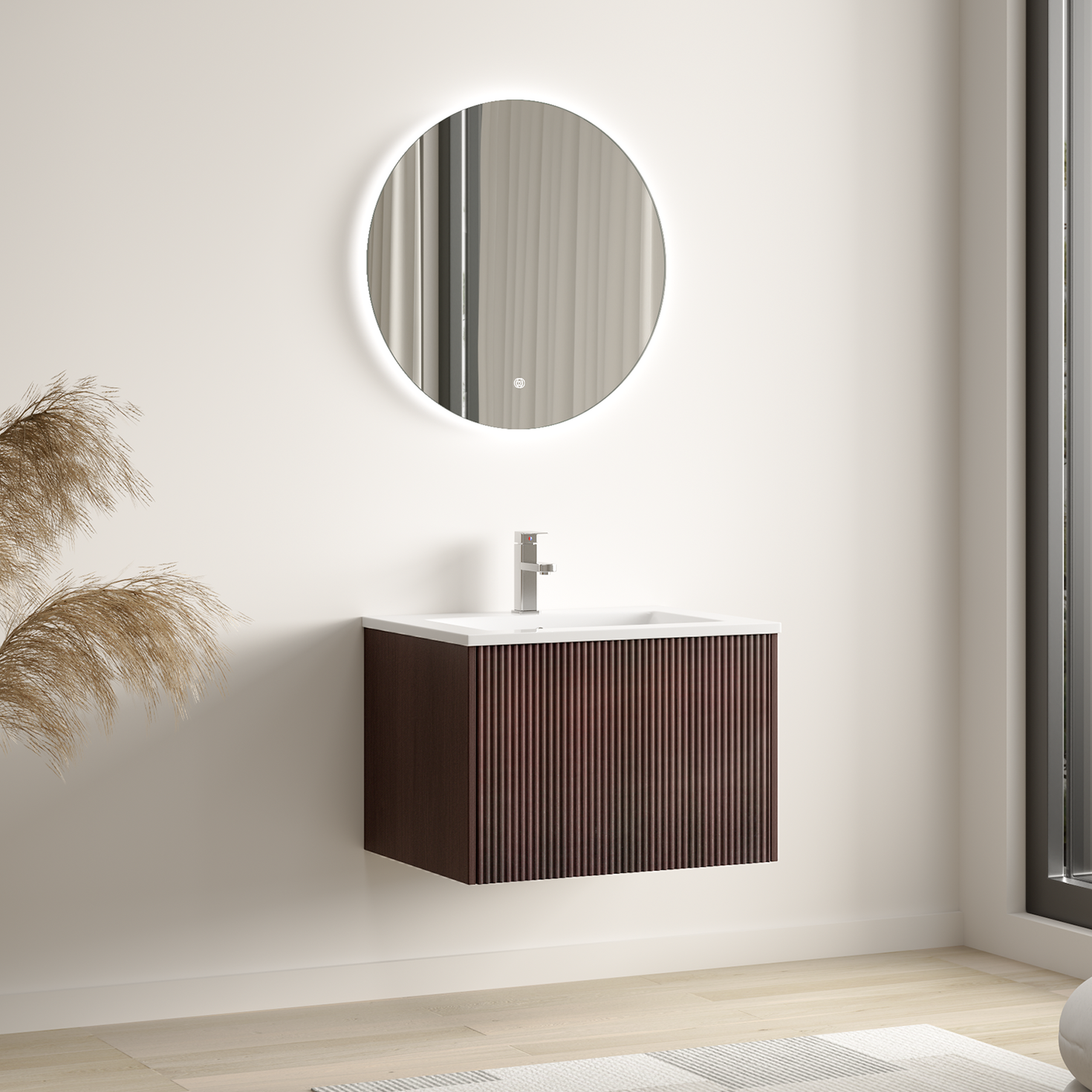 Mueble de baño suspendido SOVINA nogal acanalado - Lavabo blanco - 60 cm