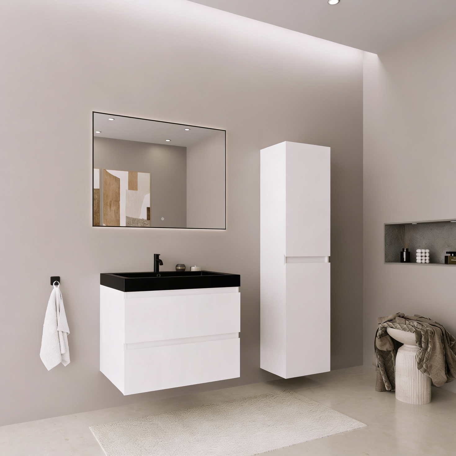 Badmeubelset AVALON 60 cm - Met Kolomkast - Glanzend Wit - Wastafel Zwart