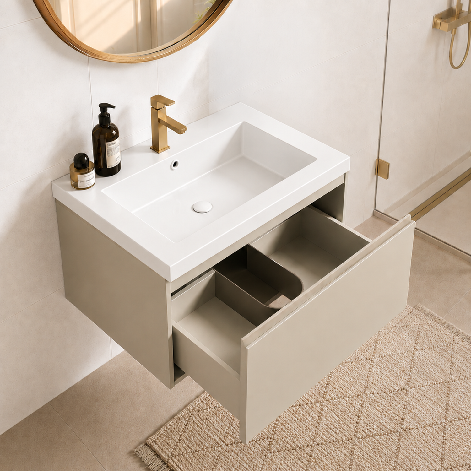 Badmöbel-Set SORRENTO 60 cm – Mit Hochschrank – Greige – Waschbecken W –
