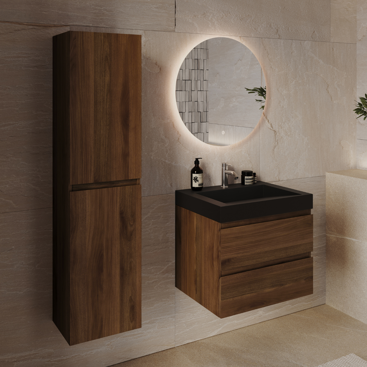 Conjunto de muebles de baño AZURO Roble Marrón - Lavabo Negro - Con Columna de Baño - 60 cm