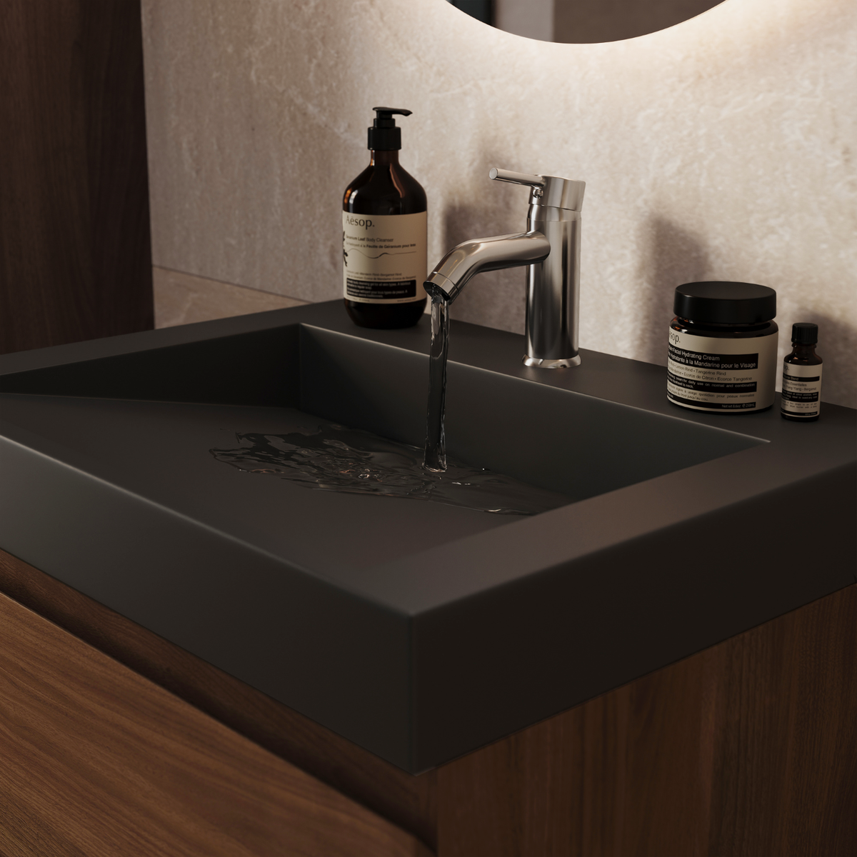 Conjunto de muebles de baño AZURO Roble Marrón - Lavabo Negro - Con Columna de Baño - 60 cm