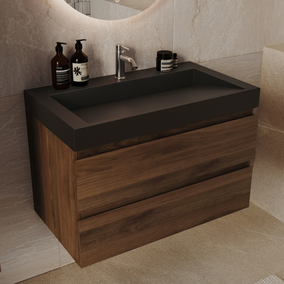 ZARIVO Roble Marrón - Lavabo Negro - 80 cm